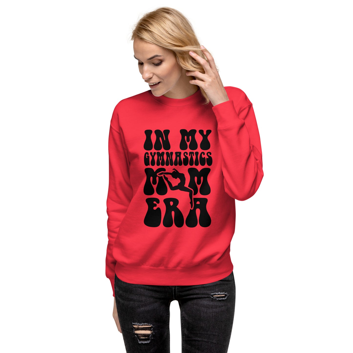 Red sweatshirt with black gymnastics-themed graphic on the front, long sleeves