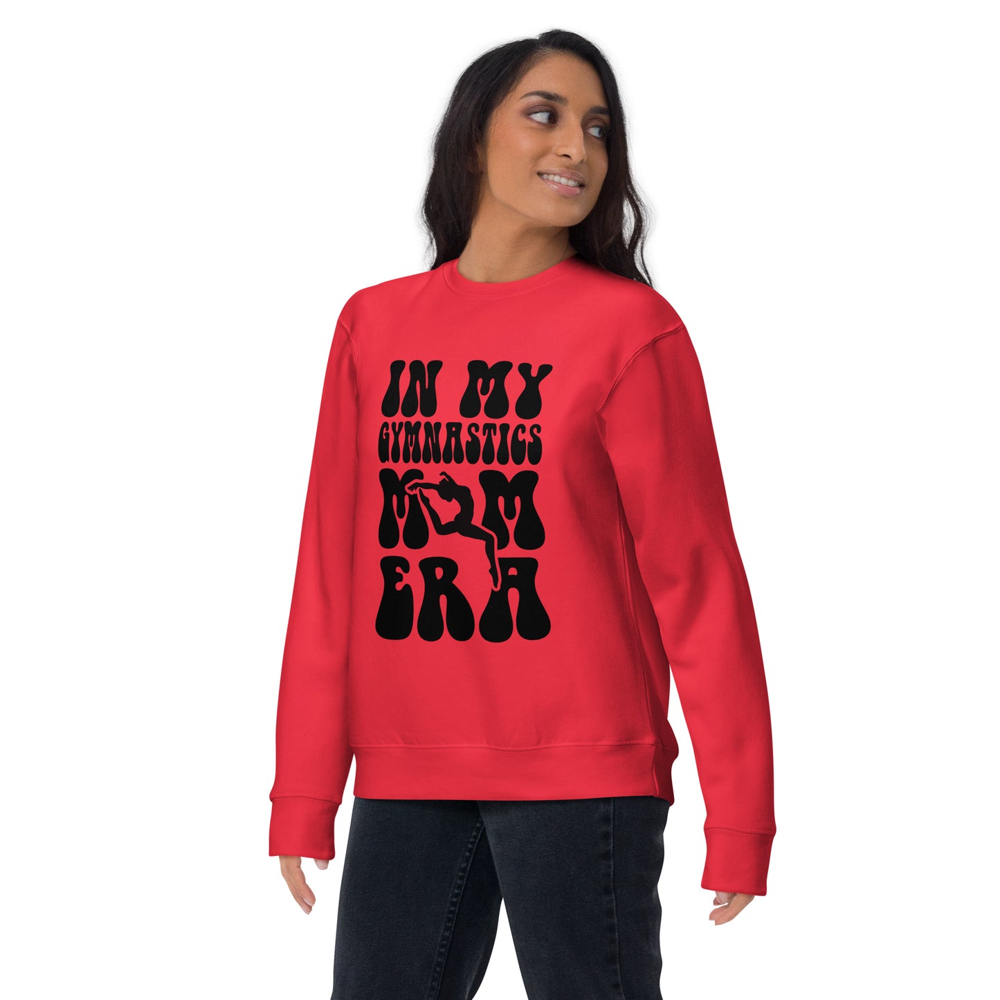 Red crewneck sweatshirt with black gymnastics era graphic on chest