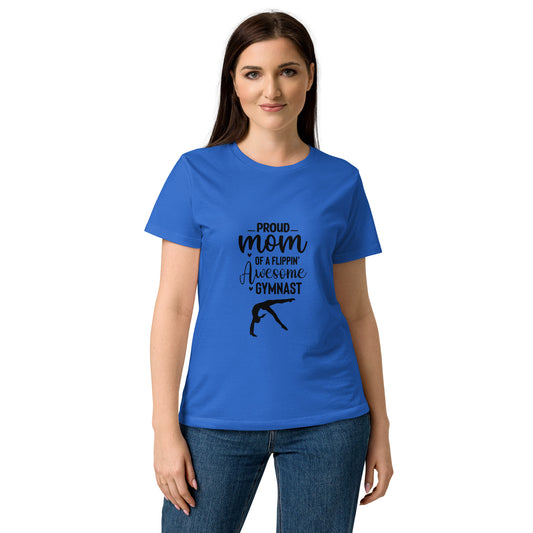 Royal blue T-shirt with 'Proud mom' gymnast graphic on front