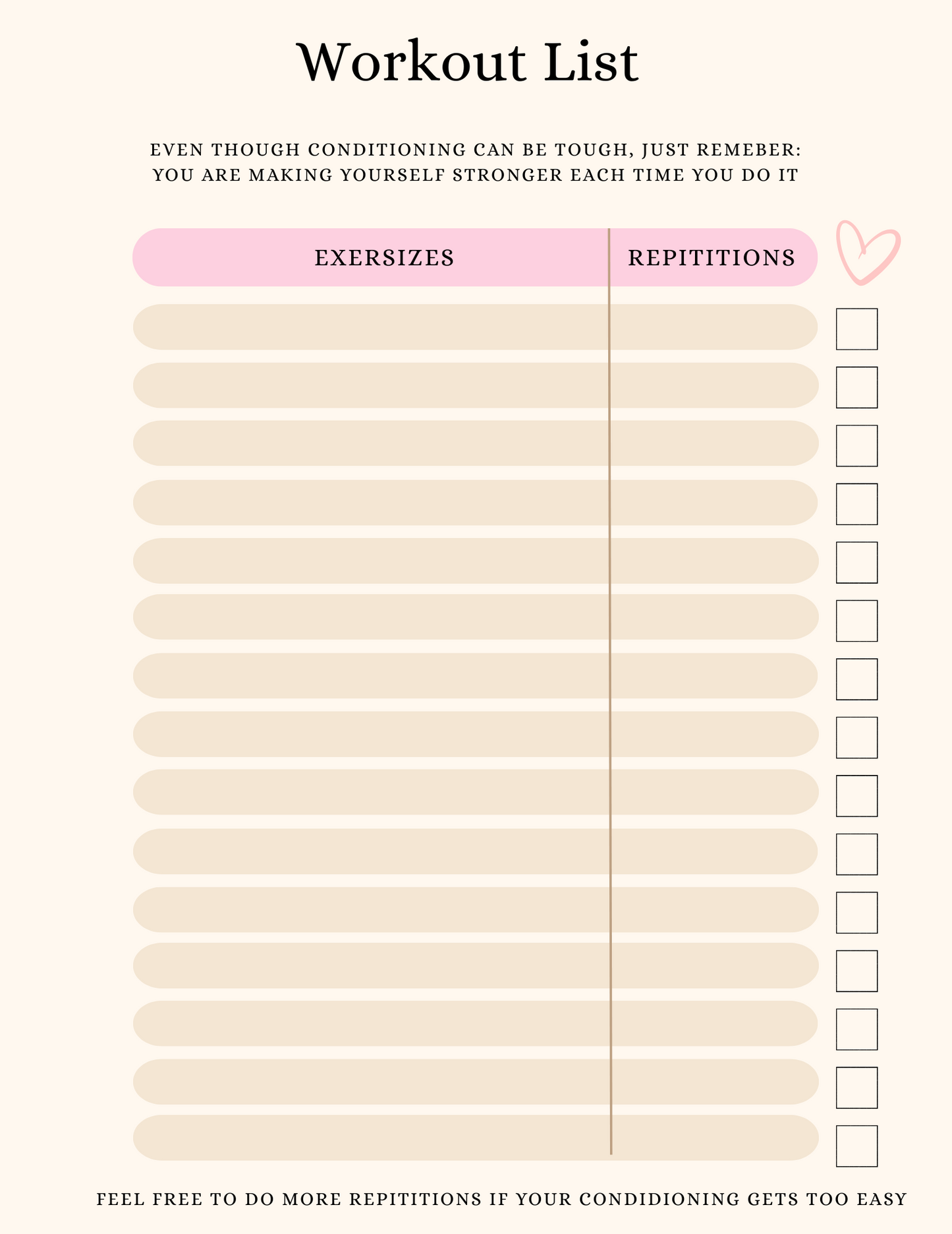 Workout checklist printable