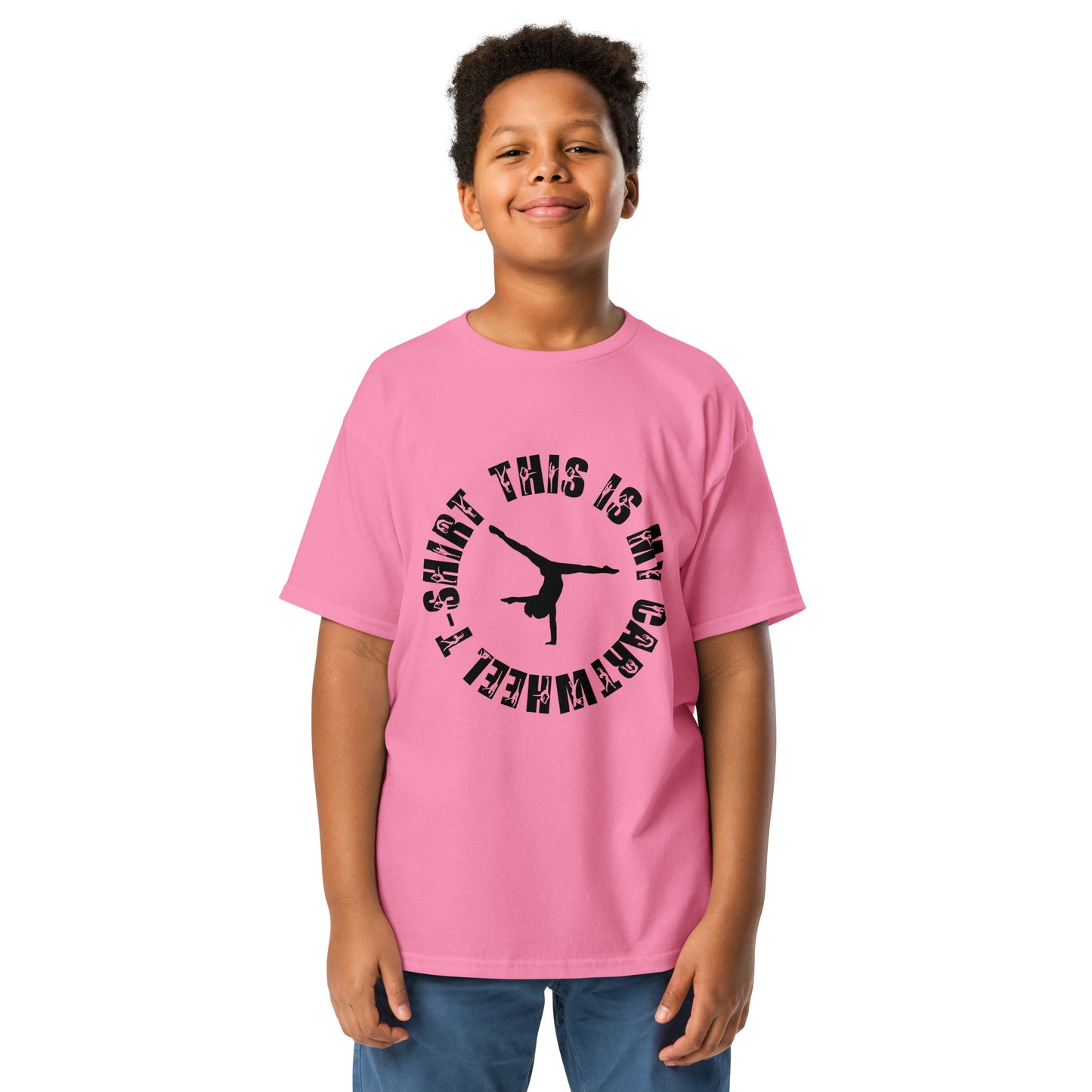Kids gymnastics T-shirt in pink, short sleeves, black dancer graphic