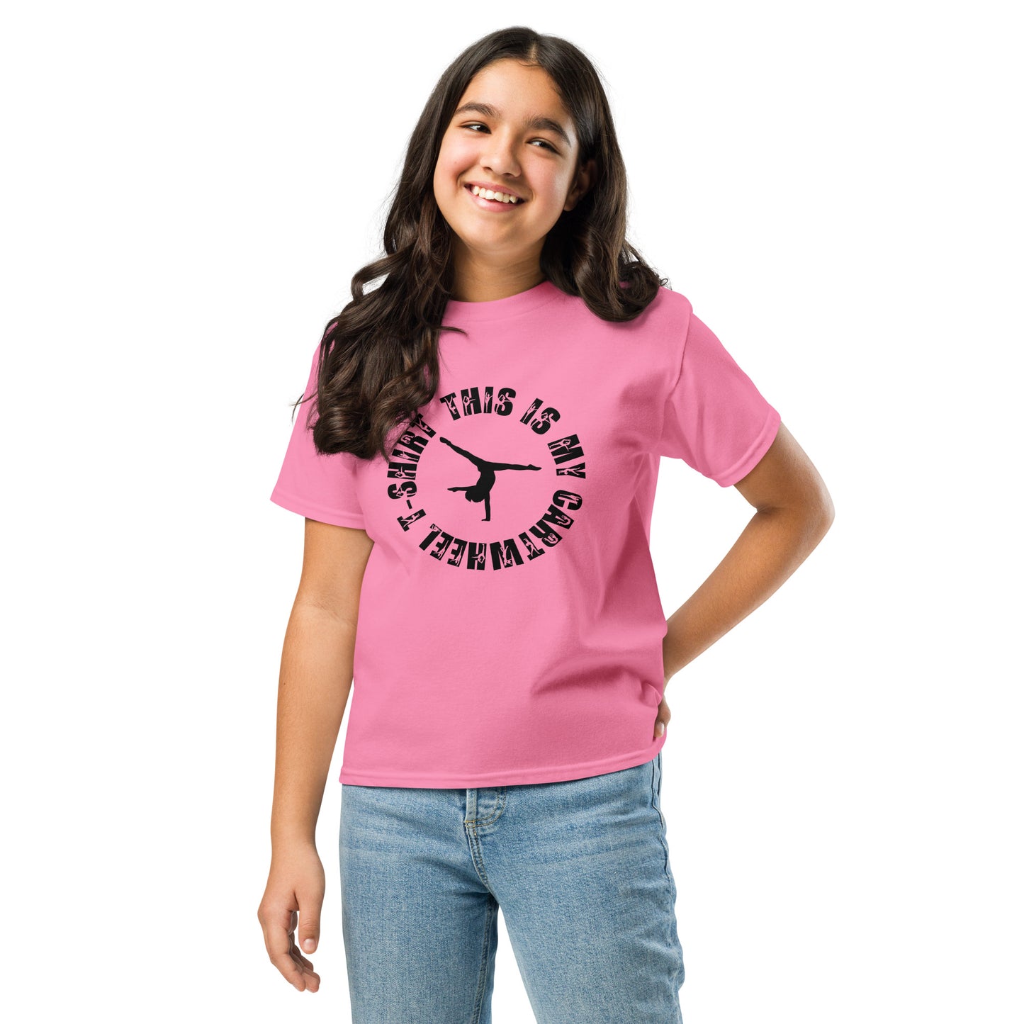 Kids gymnastics T-shirt in rose pink with black gymnast silhouette graphic