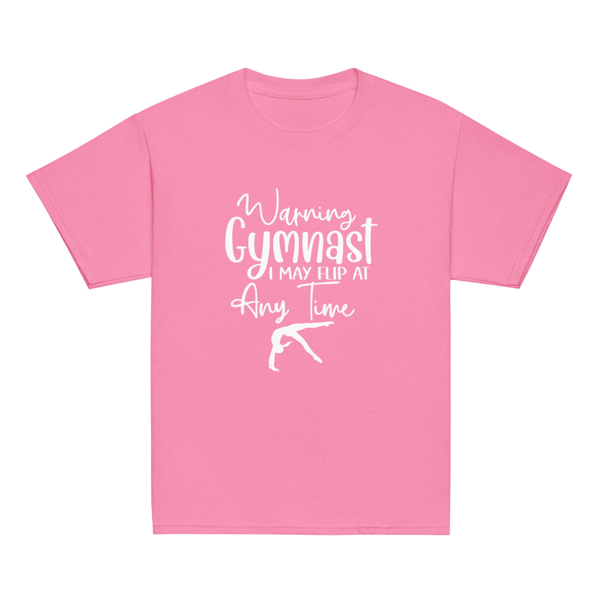Kids gymnastics t-shirt in pink with white 'Warning Gymnast...' and flip silhouette