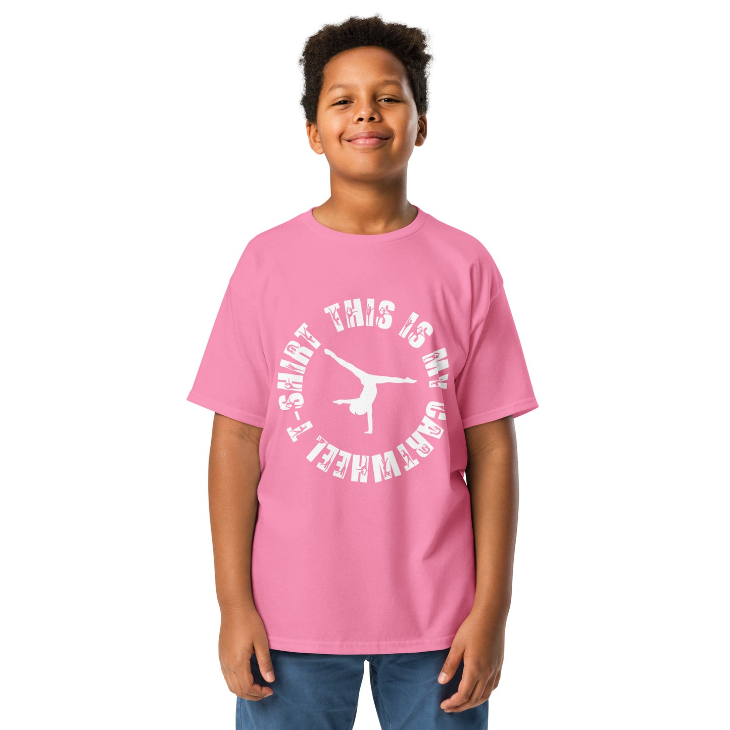 Kids gymnastics T-shirt, pink with white cartwheel graphic