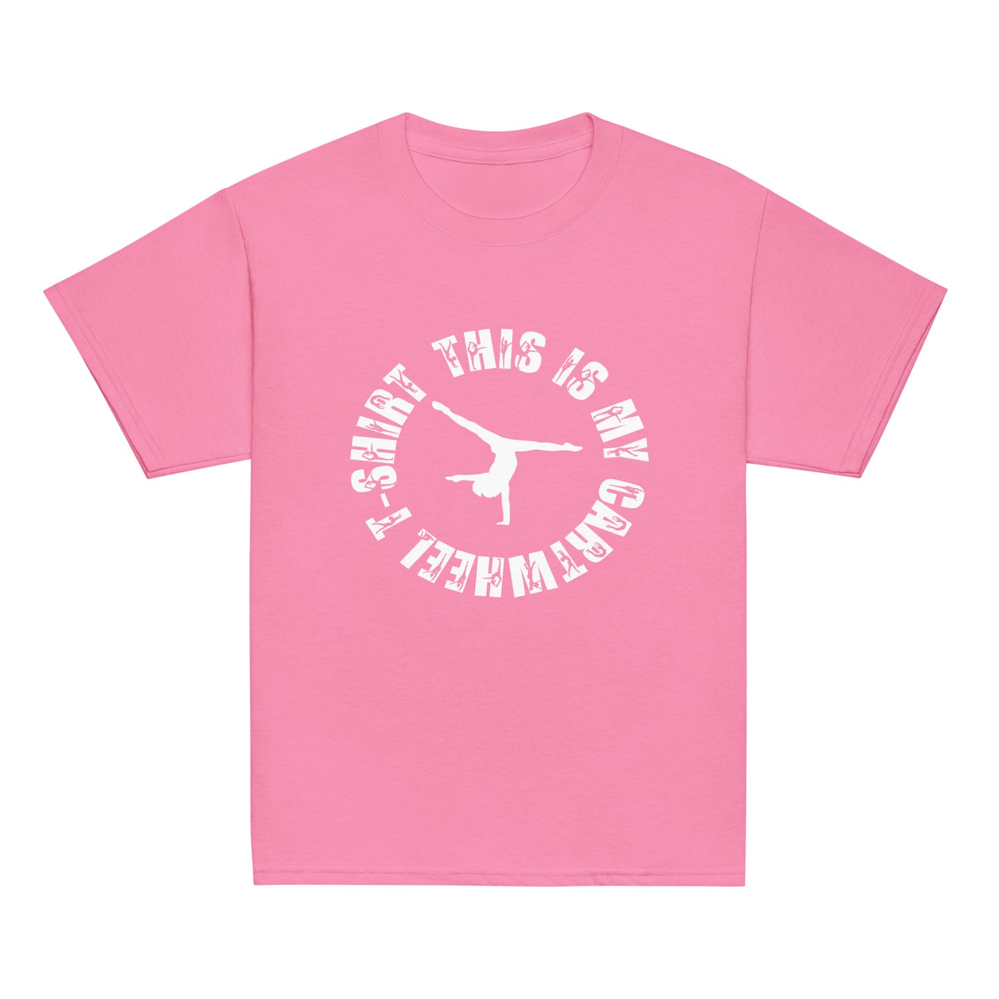 Kids gymnastics T-shirt, pink with white circular gymnast graphic on front