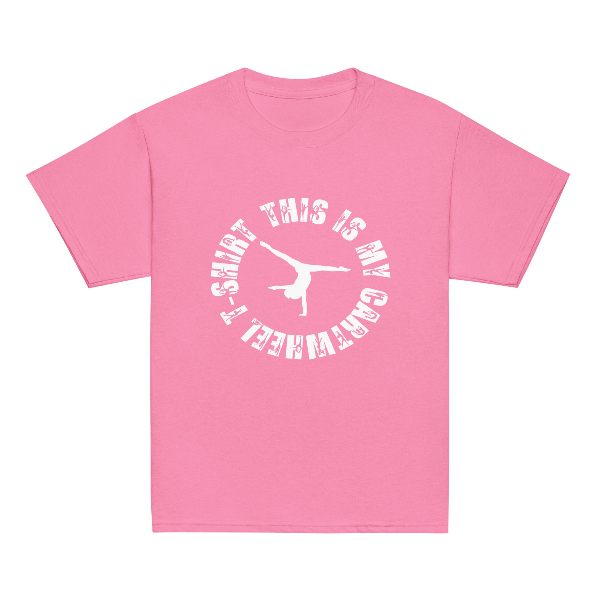 Kids gymnastics T-shirt, pink with white circular gymnast graphic on front