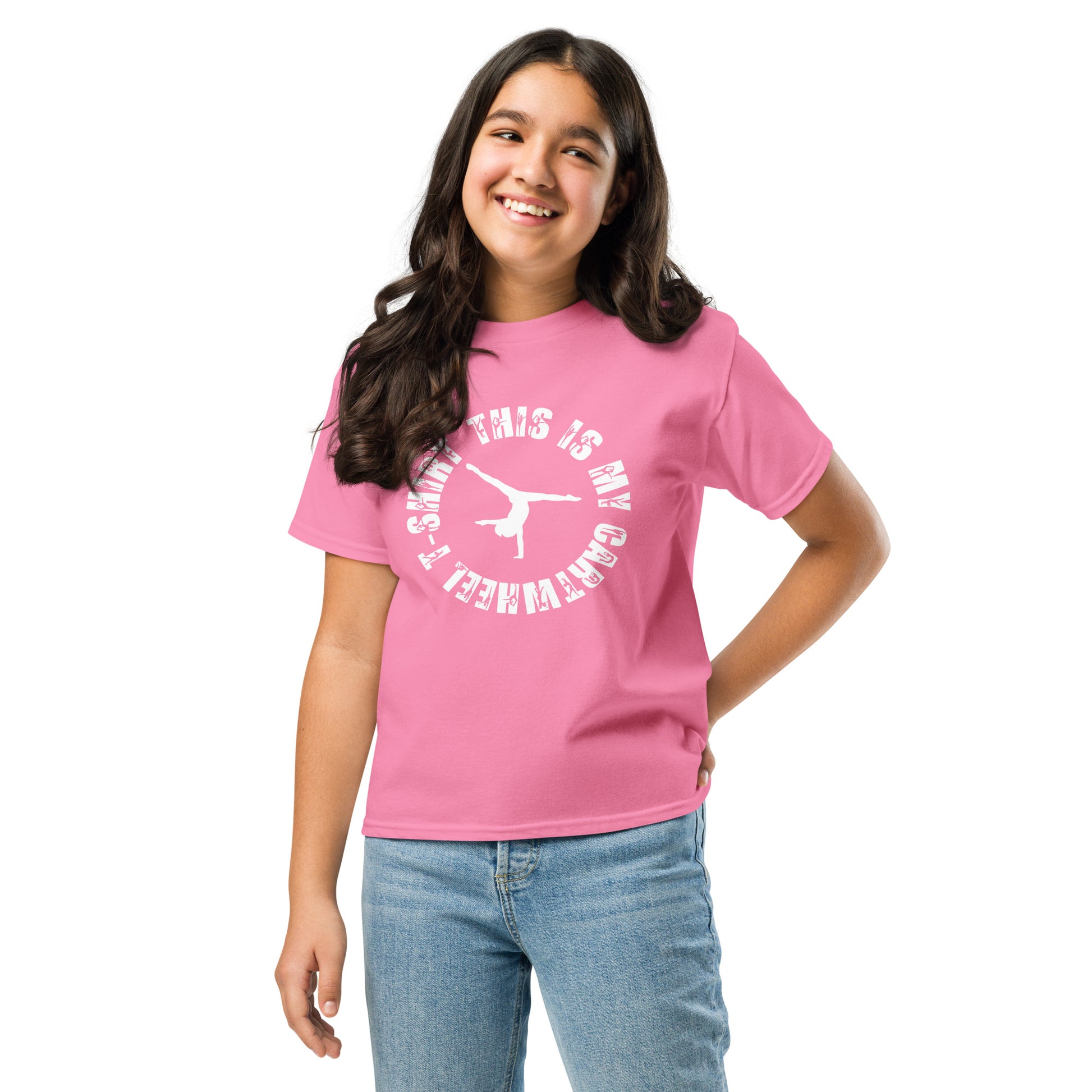 Kids gymnastics T-shirt, pink with white circular cartwheel graphic