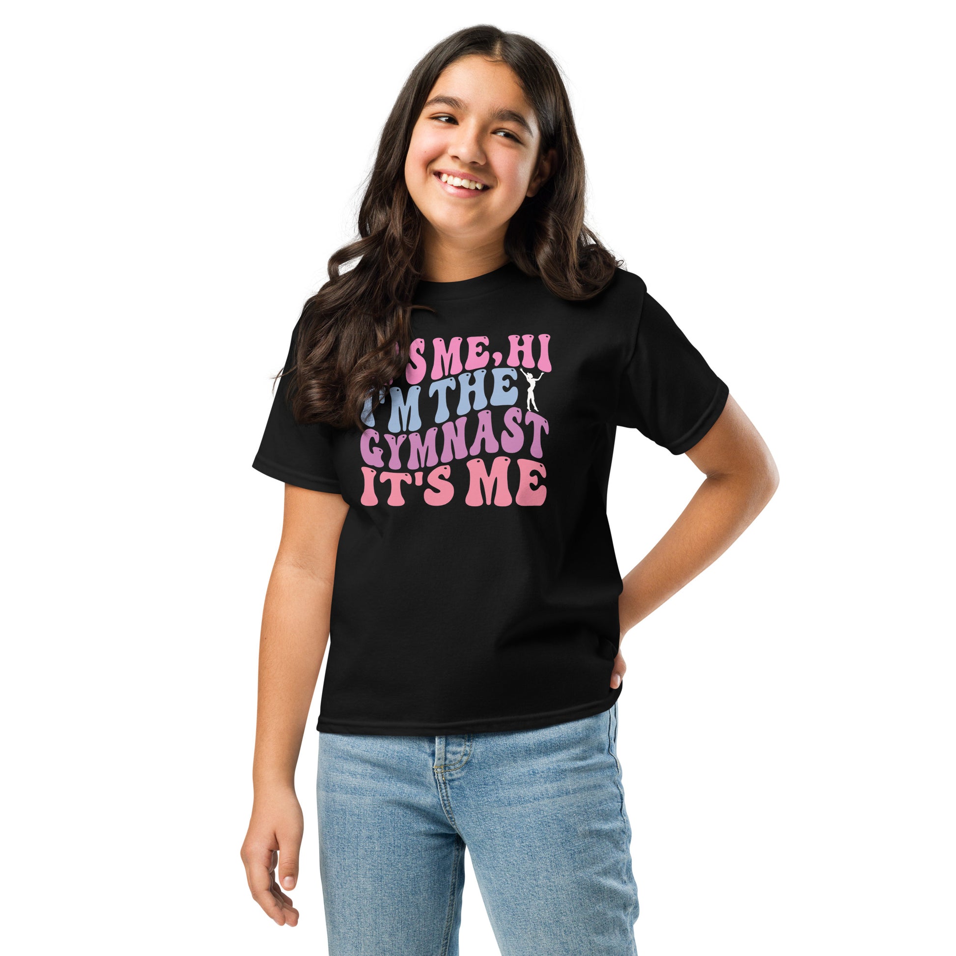 Kids black gymnast T-shirt with pink graphic text design at center chest