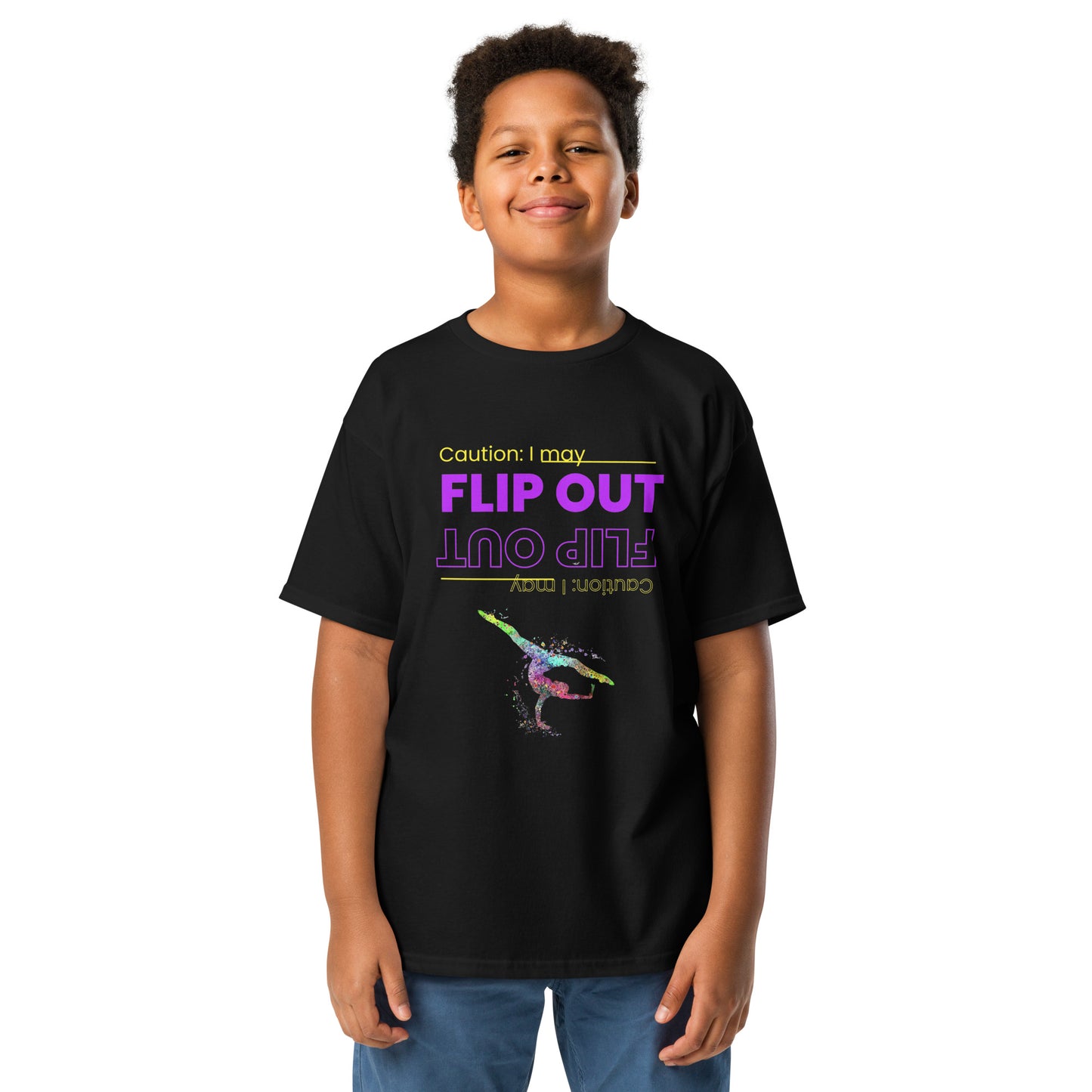 Kids gymnastics T-shirt, black, 'FLIP OUT' neon graphic with gymnast silhouette