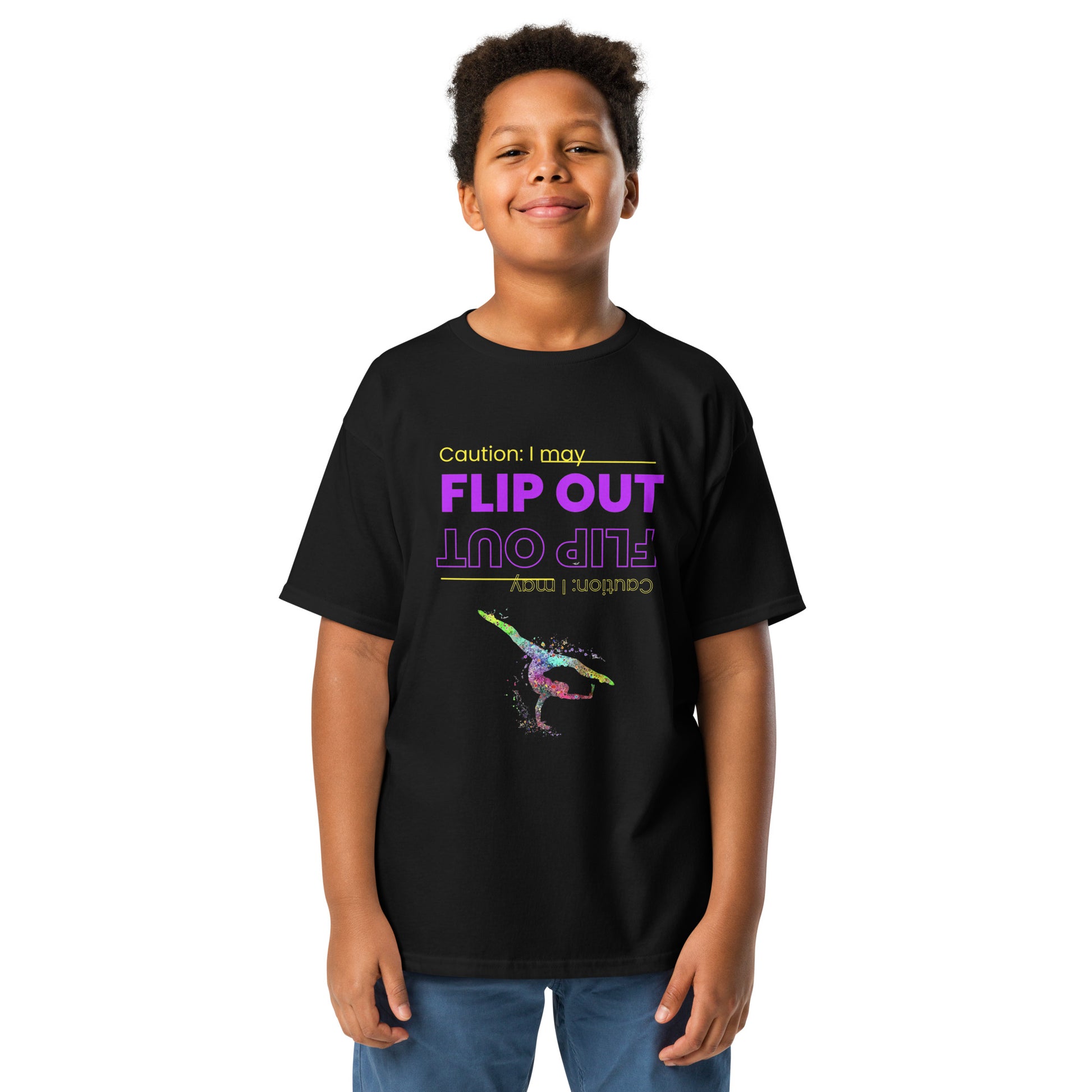 Kids gymnastics T-shirt, black, 'FLIP OUT' neon graphic with gymnast silhouette