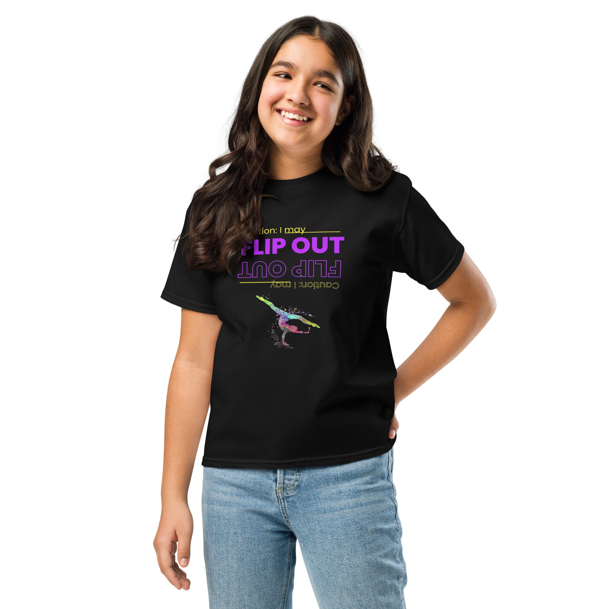 Kids gymnastics T-shirt, black, 'FLIP OUT' neon graphic centered with gymnast silhouette