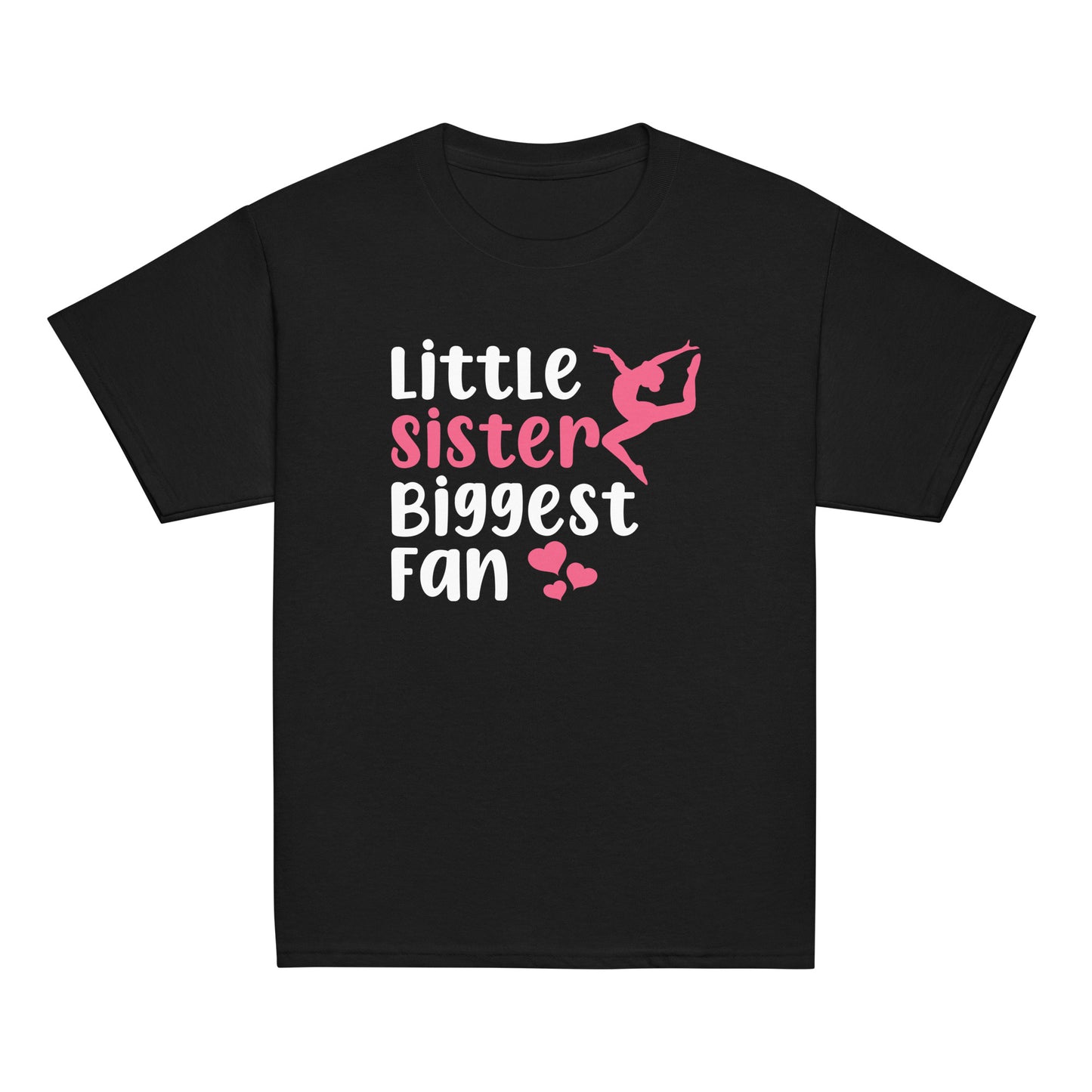 Black kids gymnastics T-shirt with white “Little sister Biggest fan” graphic and pink details