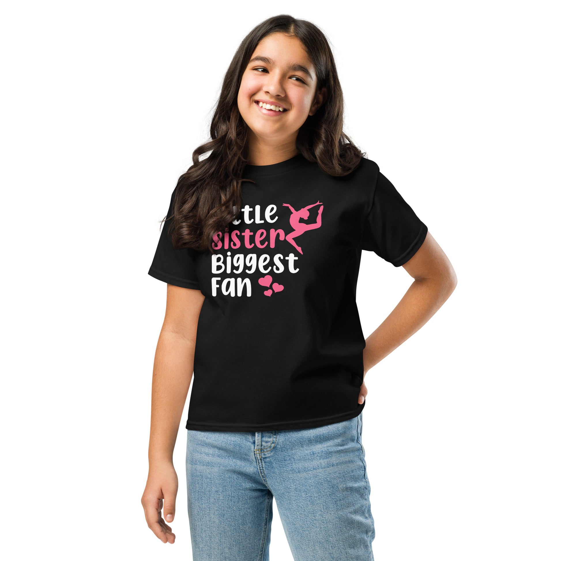Kids black gymnastics T-shirt with pink gymnast icon and “Little Sister” fan text