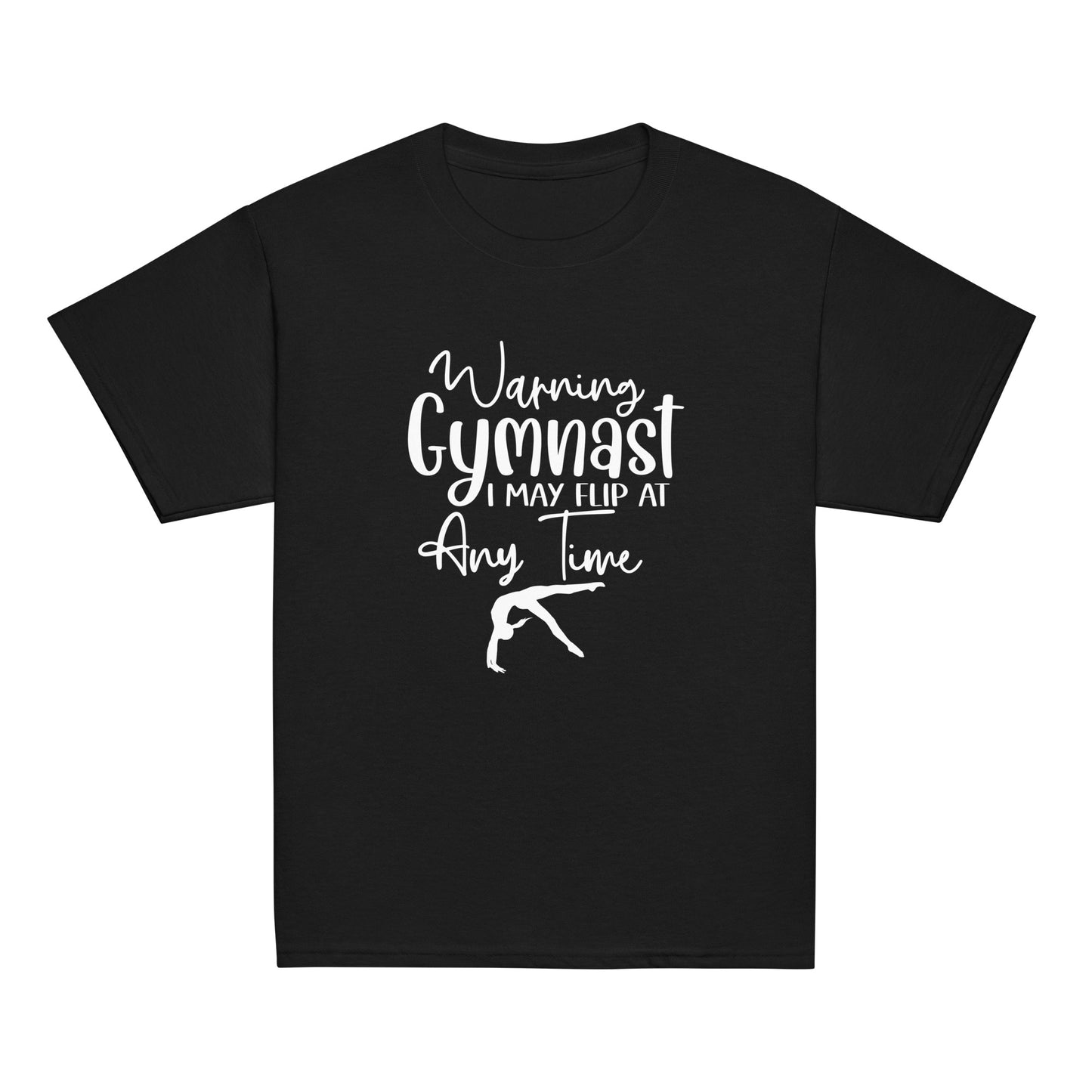 Black kids gymnast T-shirt with white warning text and gymnast pose graphic on front
