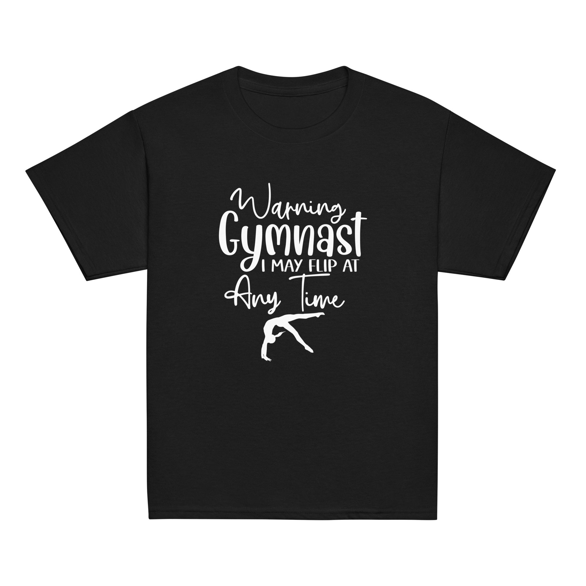 Black kids gymnast T-shirt with white warning text and gymnast pose graphic on front