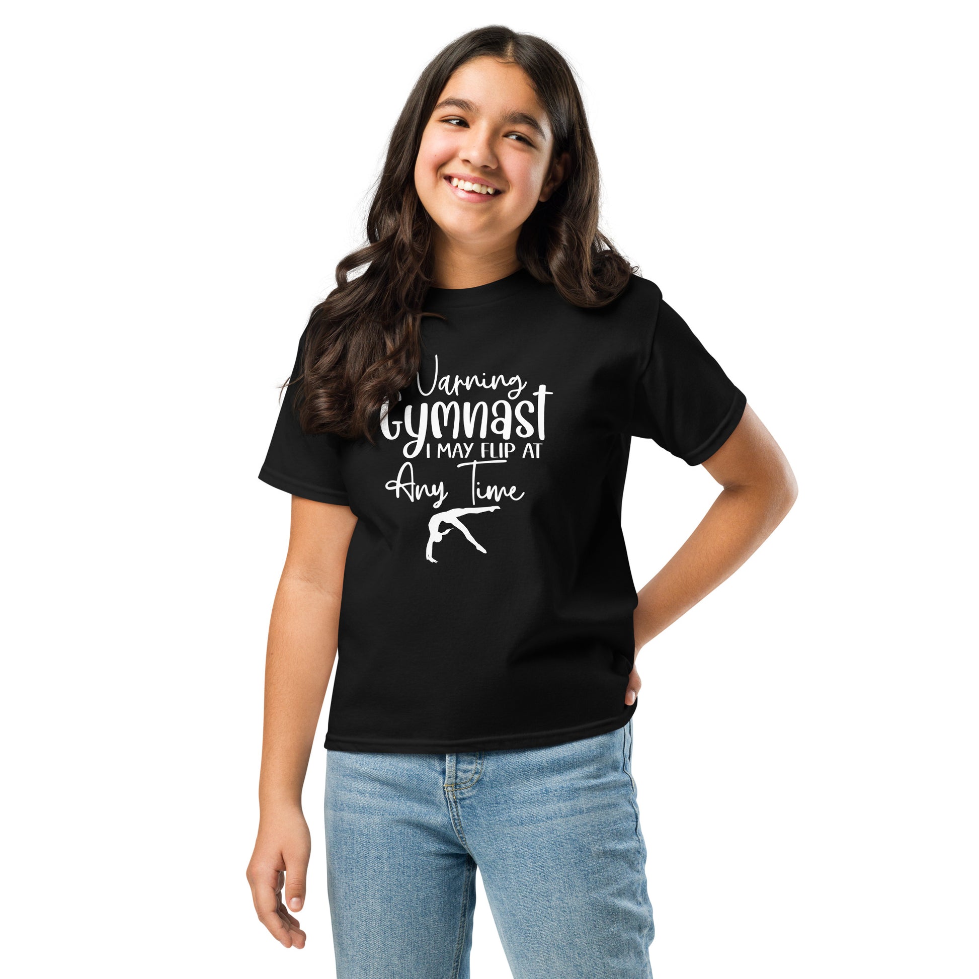 Kids gymnast T-shirt, black with white warning text and gymnast silhouette graphic
