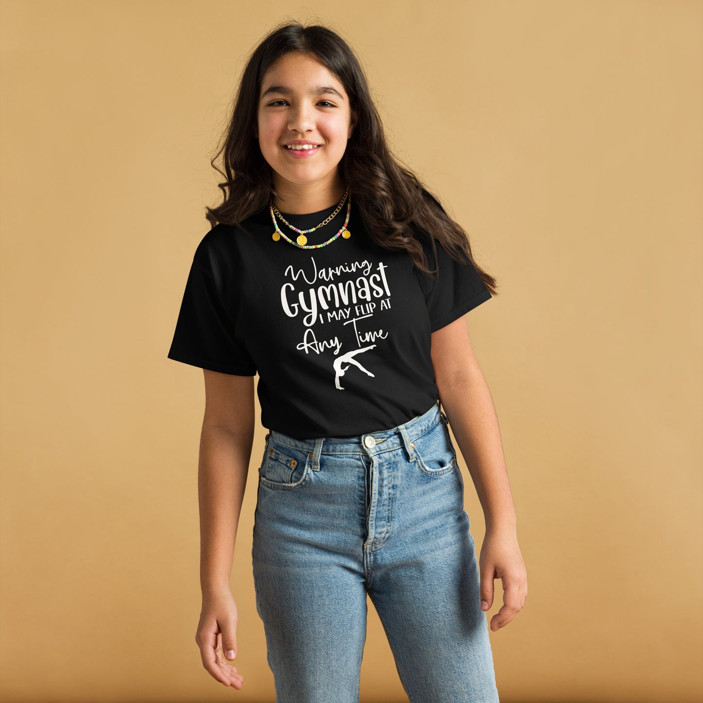 Kids gymnast T-shirt, black with white warning text and gymnast silhouette graphic
