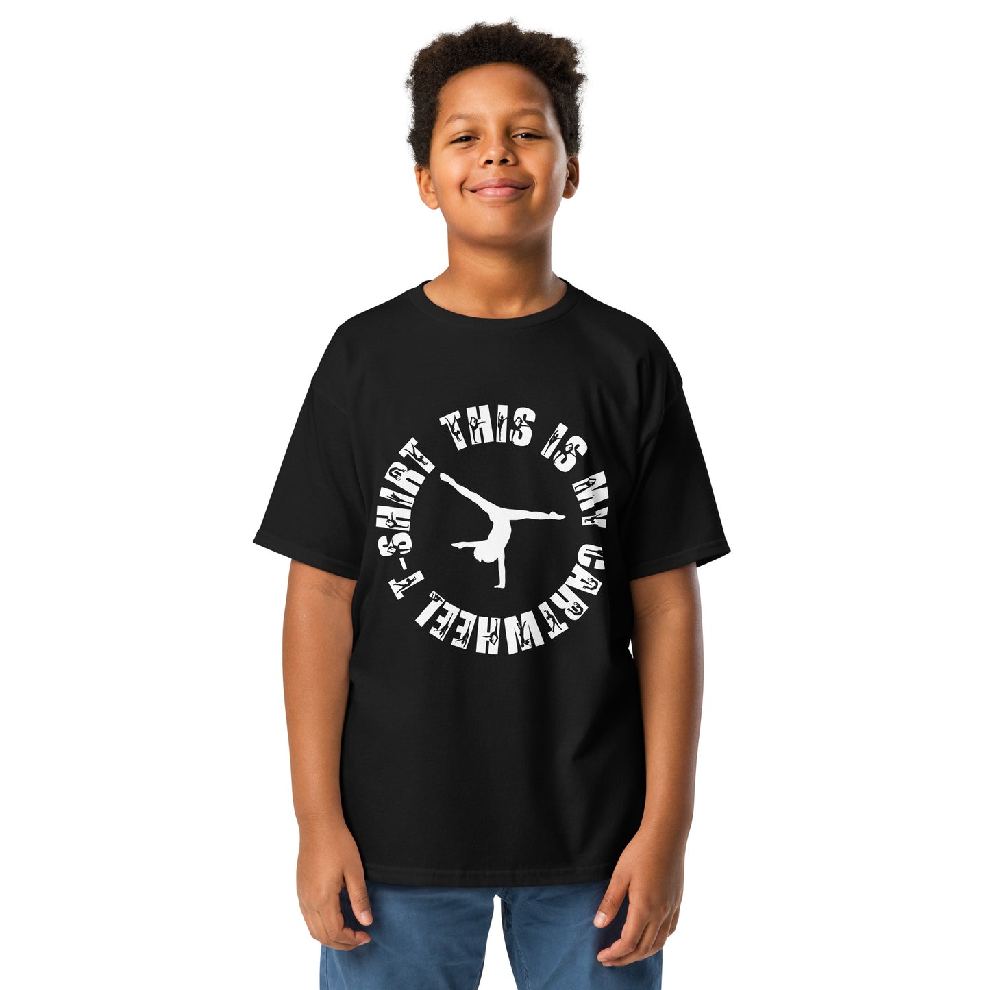 Kids gymnastics T-shirt, black with white cartwheel graphic