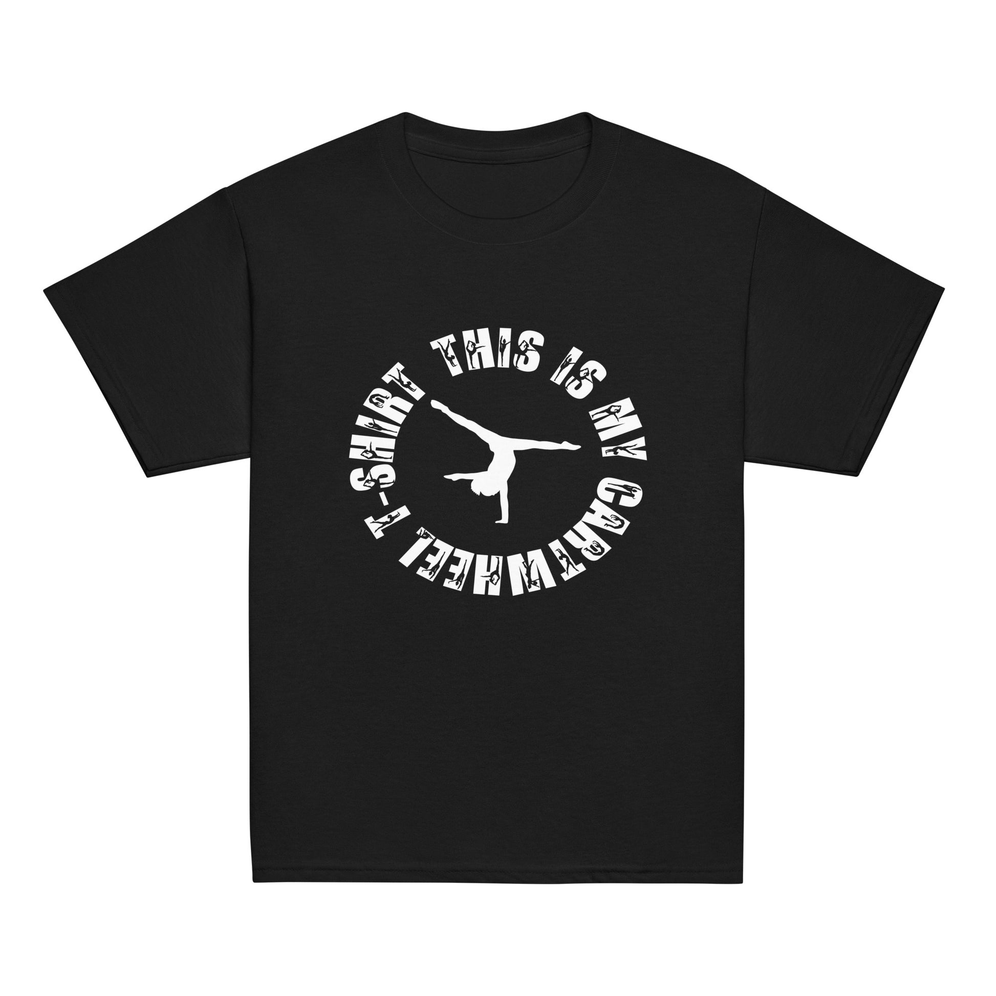 Kids gymnastics T-shirt, black with white circular cartwheel graphic on chest