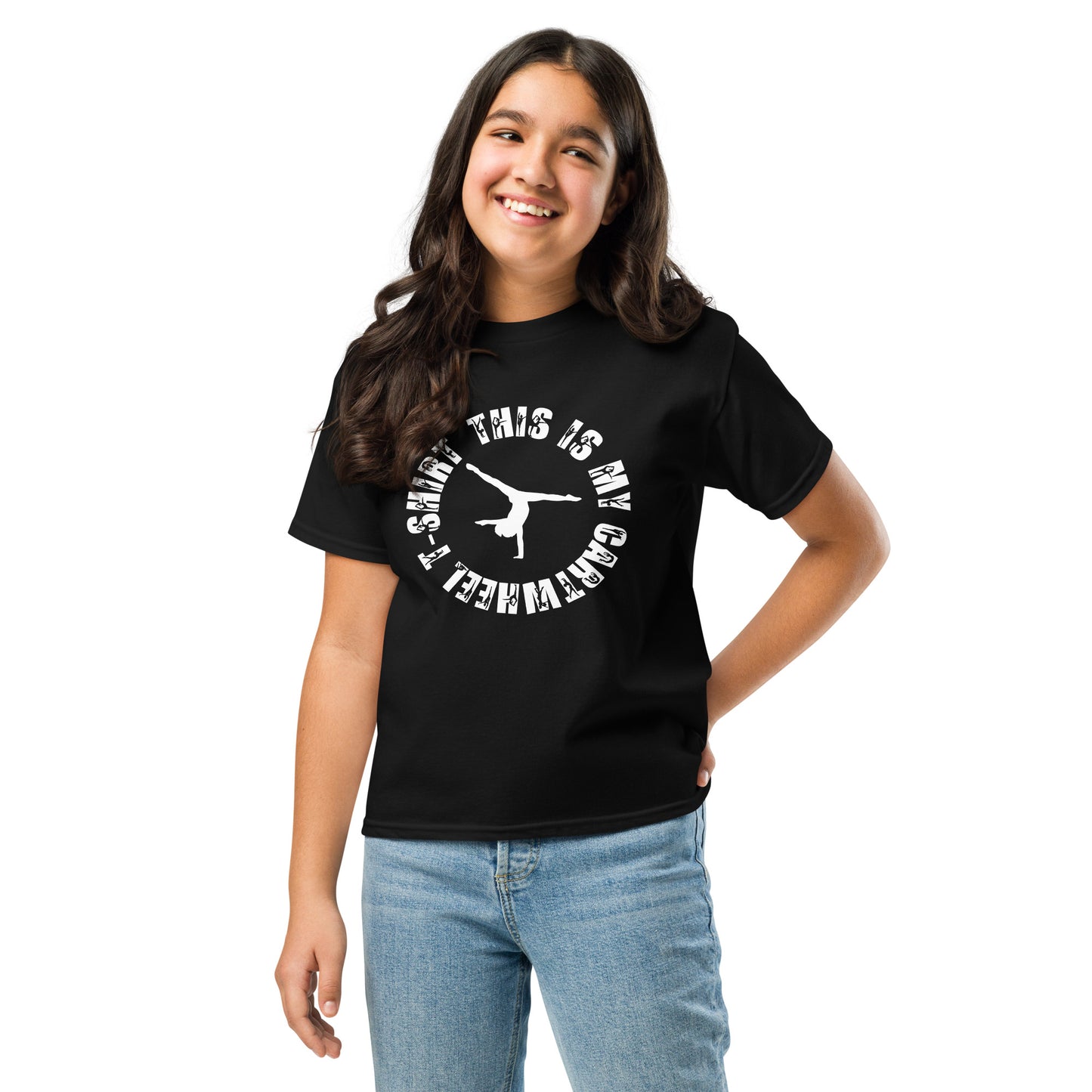 Kids gymnastics T-shirt, black with white cartwheel graphic, kids standing