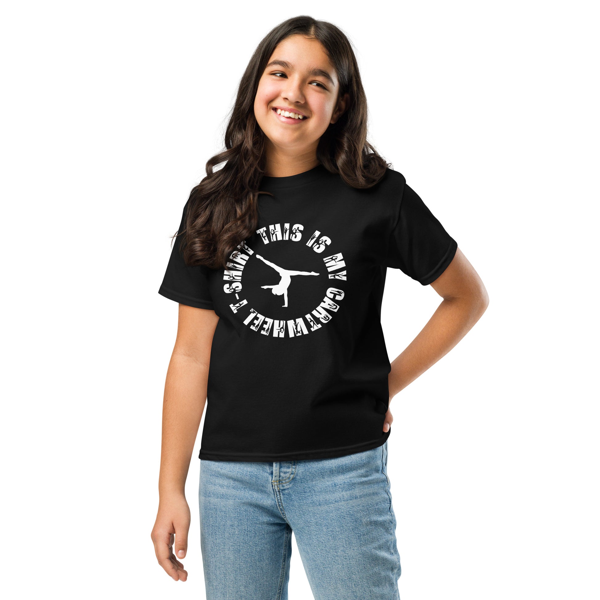 Kids gymnastics T-shirt, black with white cartwheel graphic, kids standing