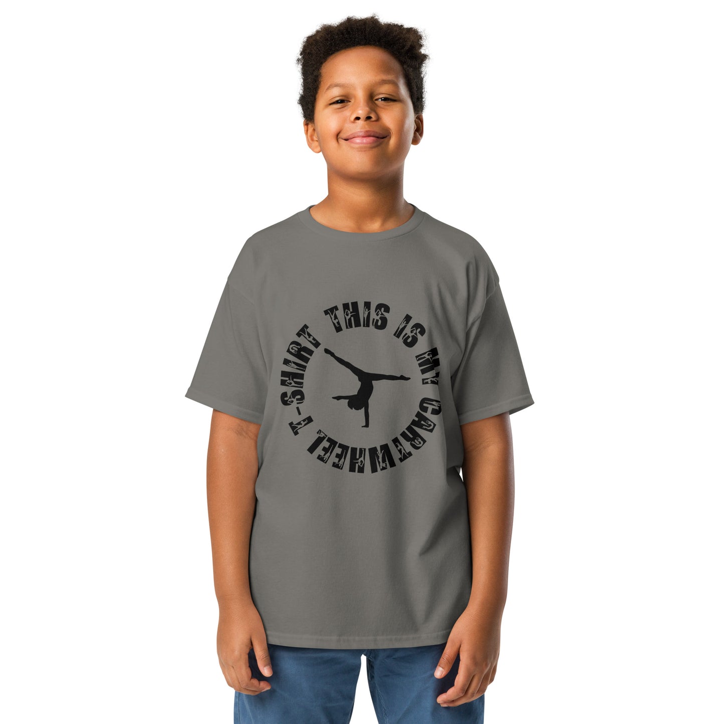 Kids gymnastics T-shirt in charcoal gray, short sleeves, black dancer graphic