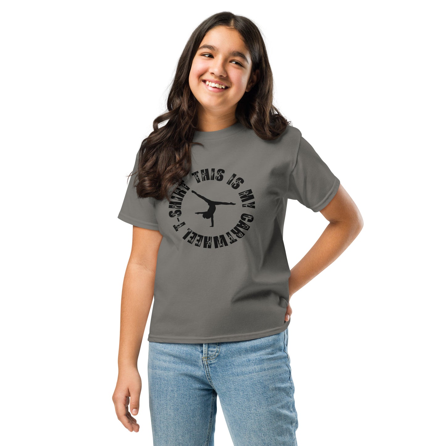 Kids gymnastics T-shirt in charcoal gray with black gymnast silhouette graphic