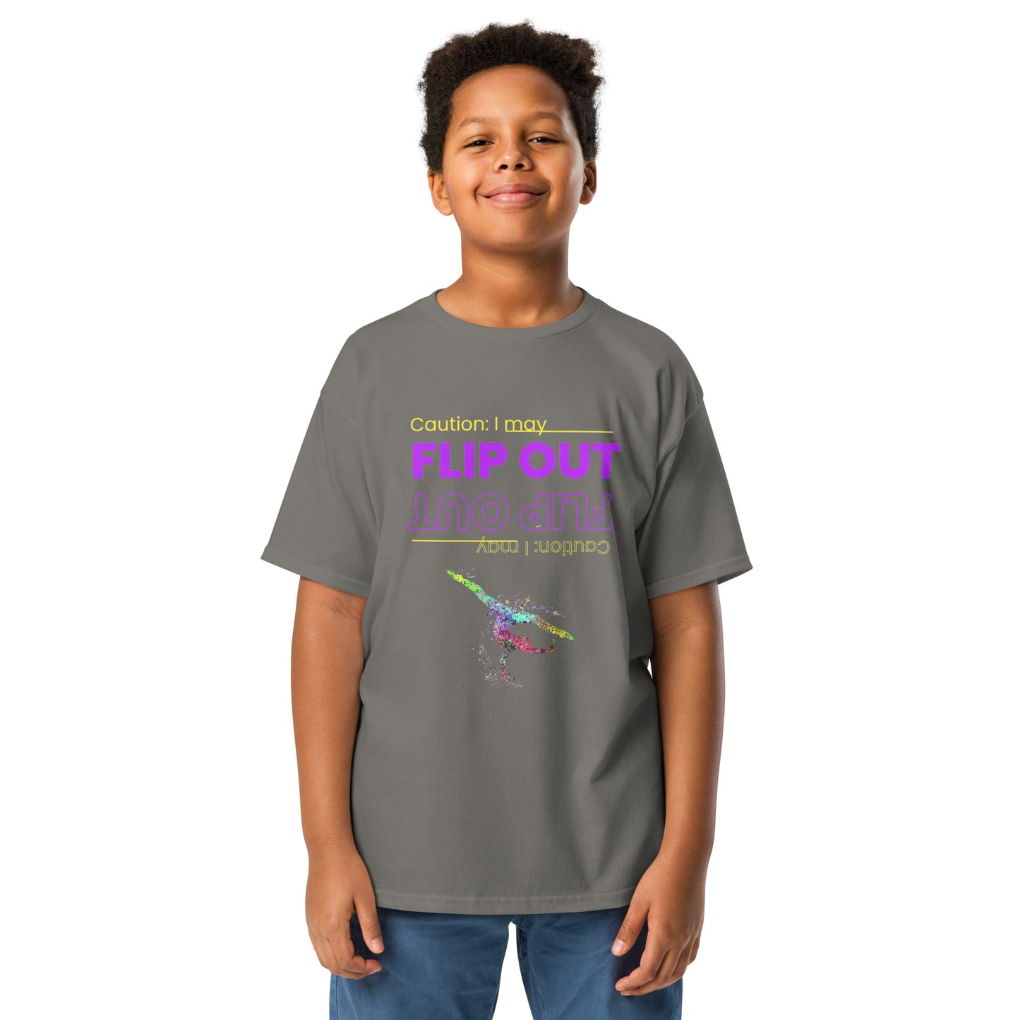 Kids gymnastics T-shirt, charcoal grey, 'FLIP OUT' neon graphic and gymnast silhouette