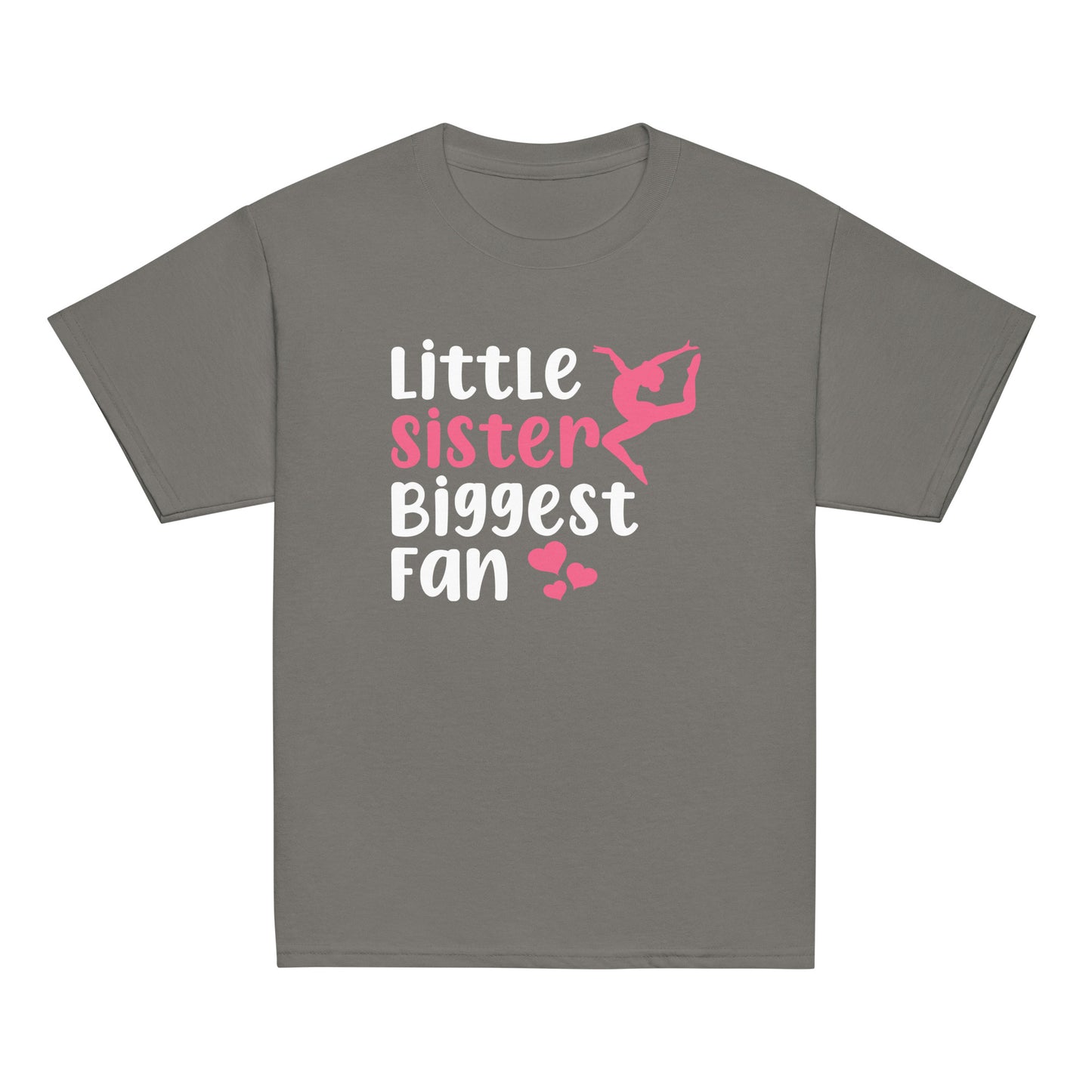 Charcoal gray kids gymnastics T-shirt with white “Little sister Biggest fan” graphic and pink details