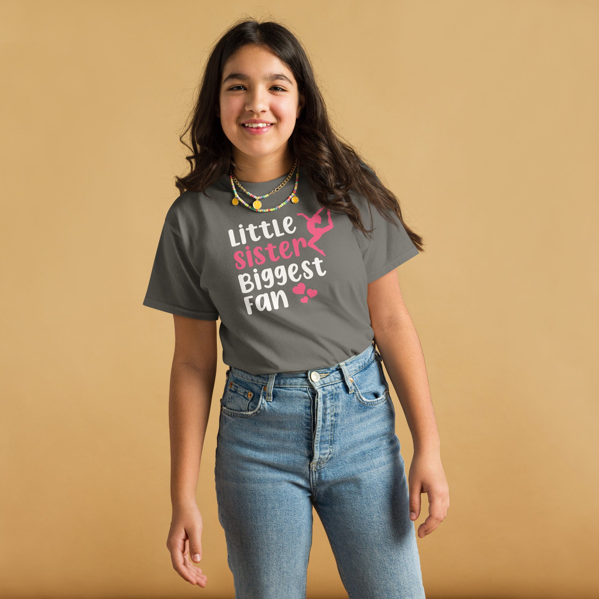 Charcoal kids gymnastics T-shirt with “Little sister Biggest fan” graphic and pink accents