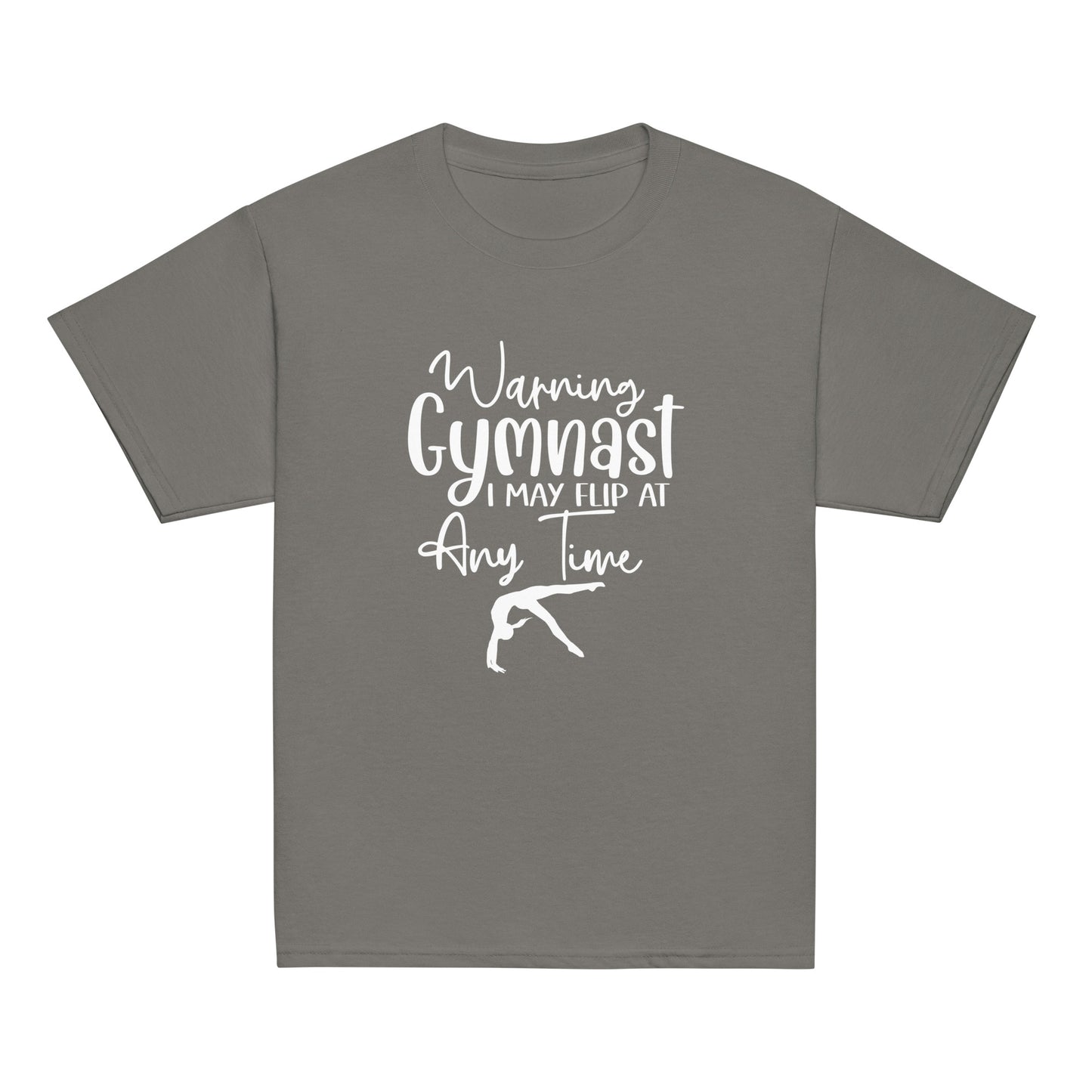 Kids gymnastics t-shirt in charcoal gray with white 'Warning Gymnast...' and flip silhouette