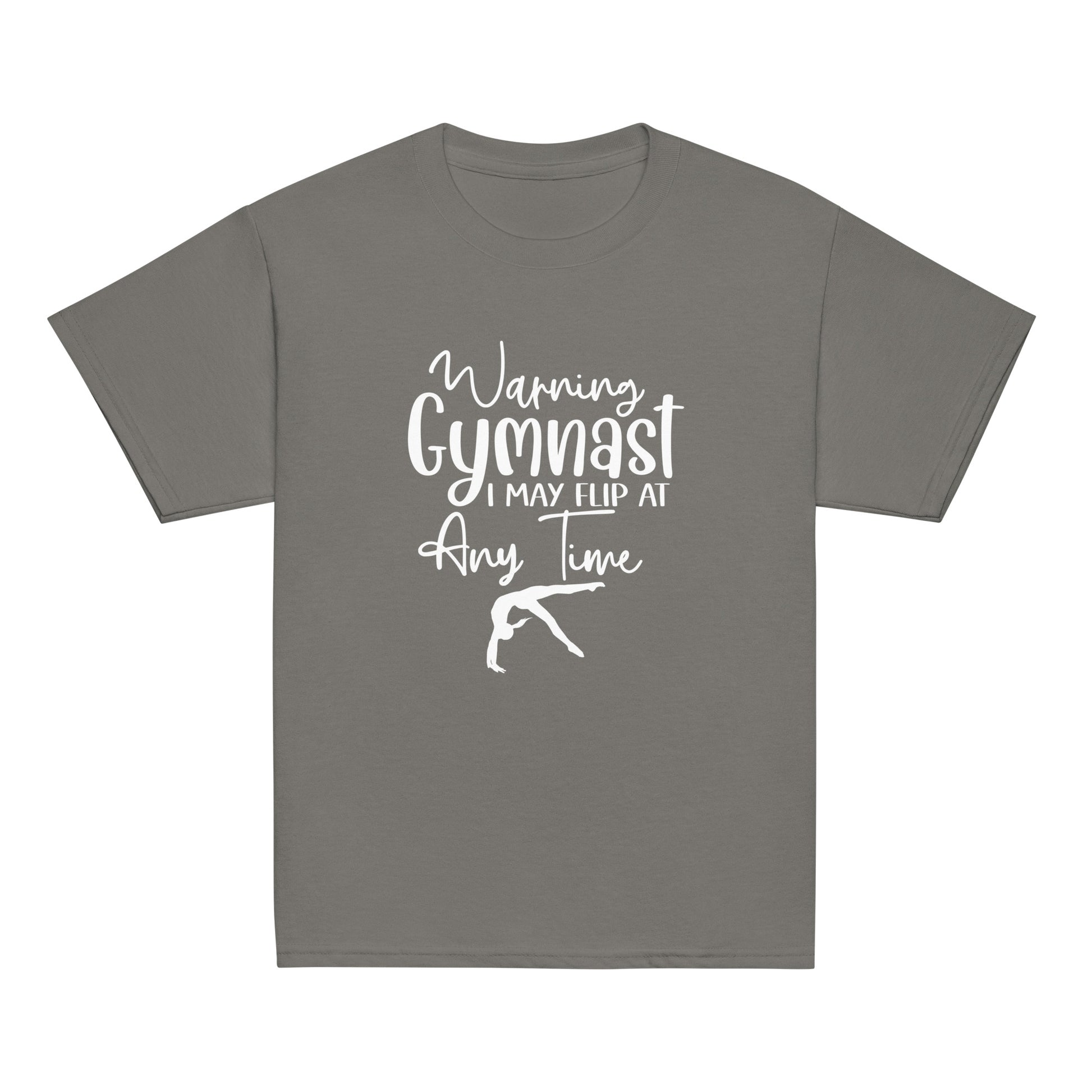 Kids gymnastics t-shirt in charcoal gray with white 'Warning Gymnast...' and flip silhouette