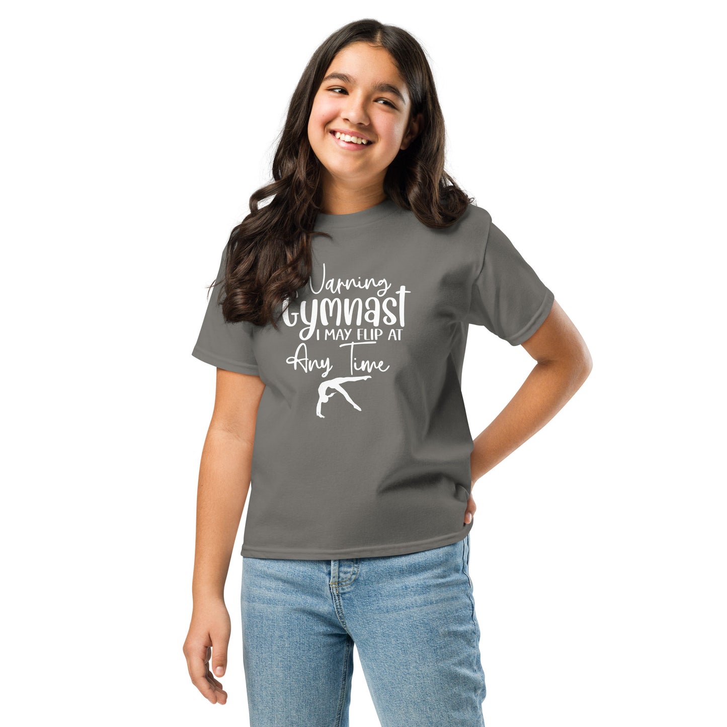 Kids gymnast T-shirt, charcoal gray with white warning text and gymnast silhouette graphic