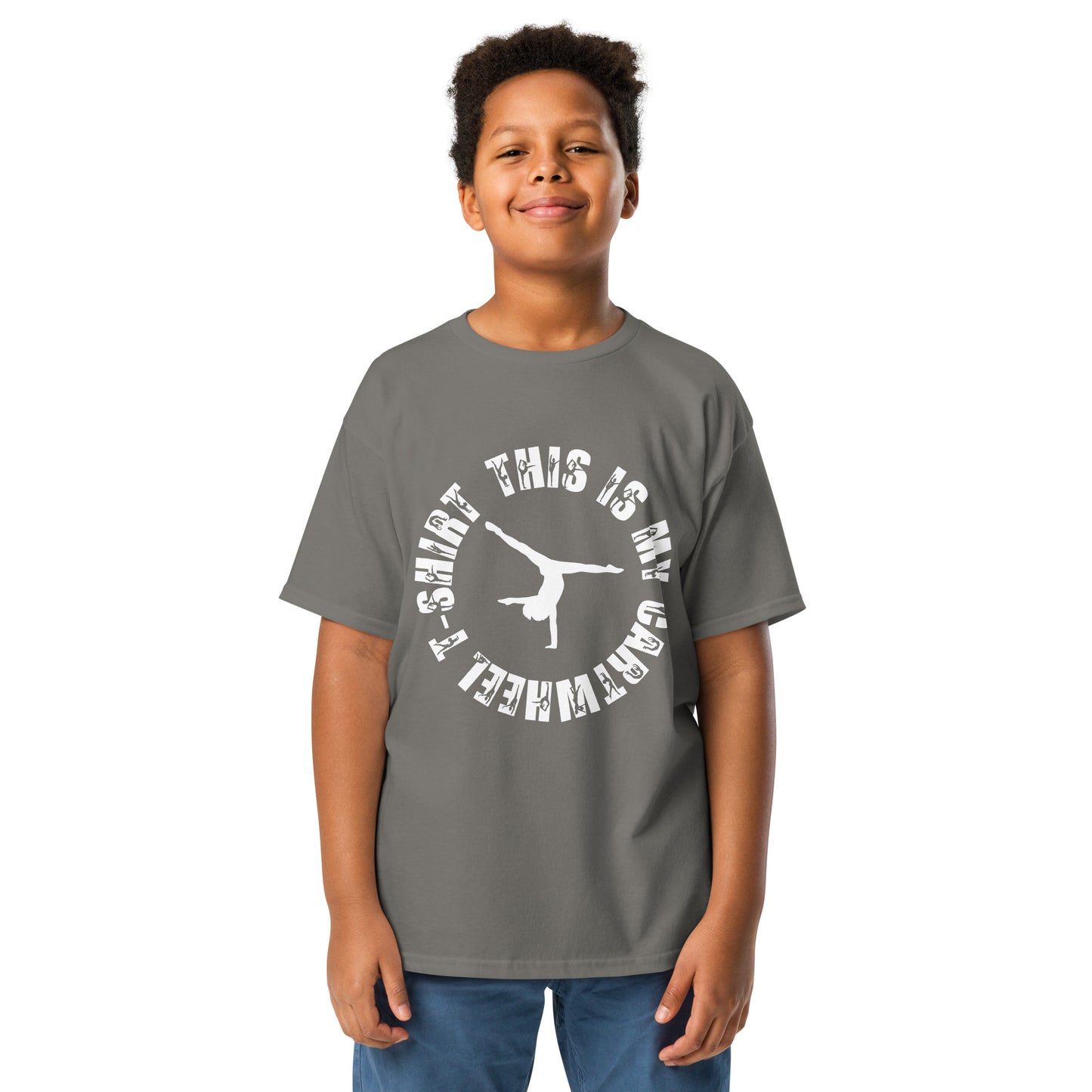 Kids gymnastics T-shirt, dark gray with white cartwheel graphic