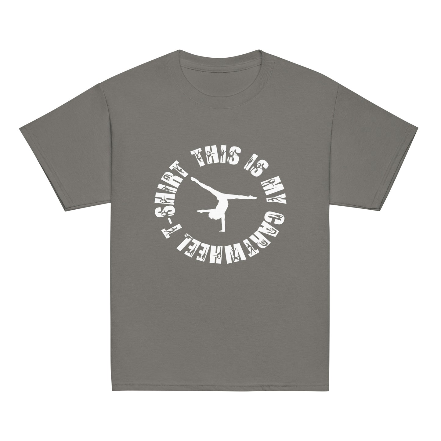 Kids gymnastics T-shirt, charcoal gray with white circular gymnast graphic on front