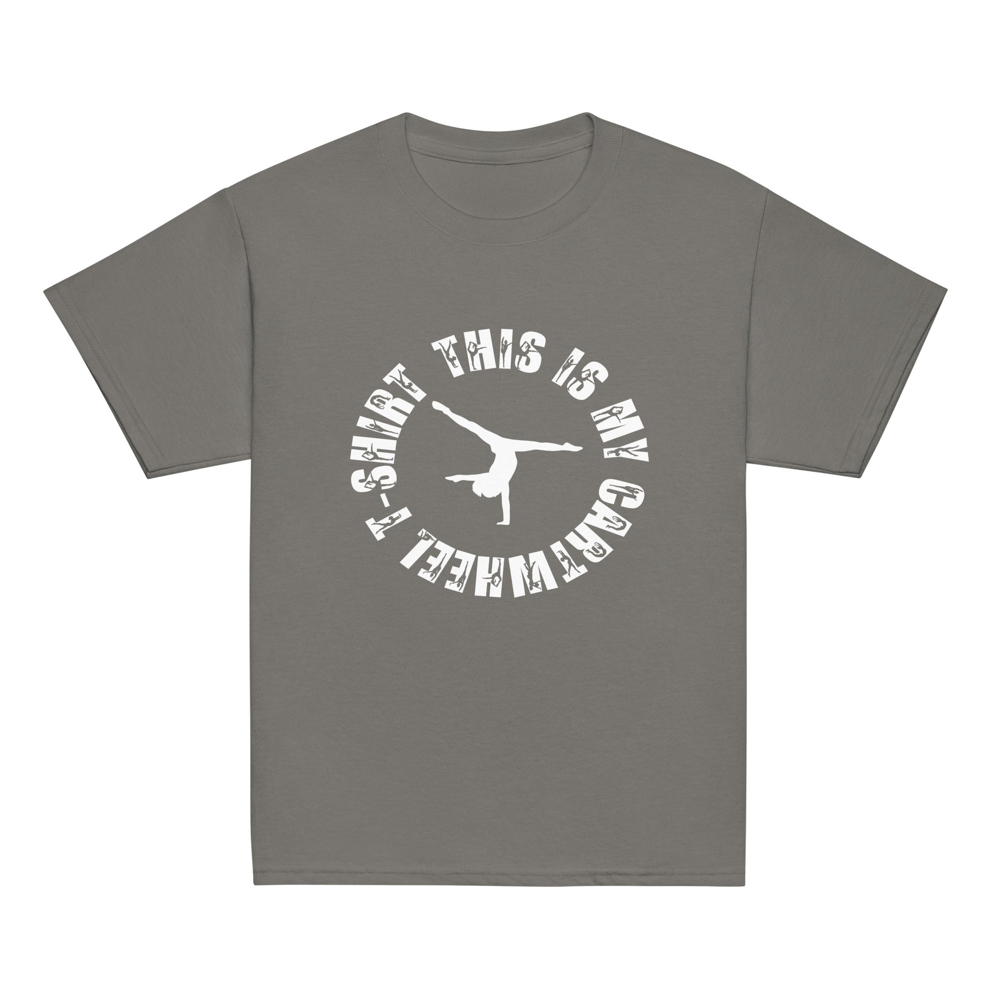 Kids gymnastics T-shirt, charcoal gray with white circular gymnast graphic on front