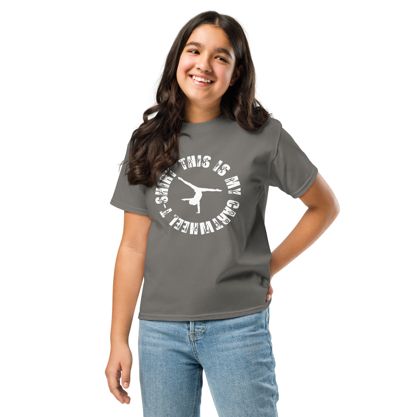 Kids gymnastics T-shirt, charcoal gray with white circular cartwheel graphic