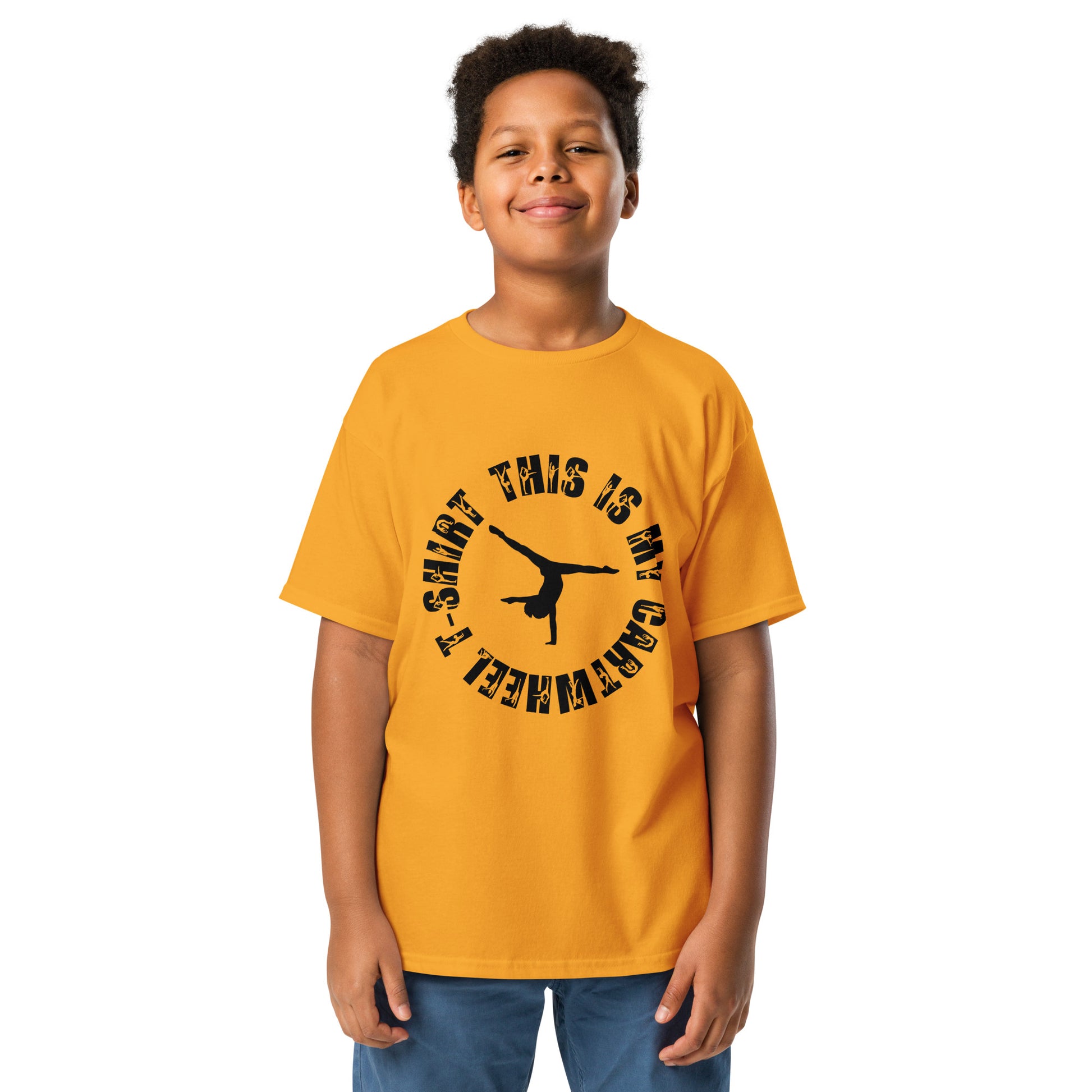 Kids gymnastics T-shirt in gold, short sleeves, black dancer graphic
