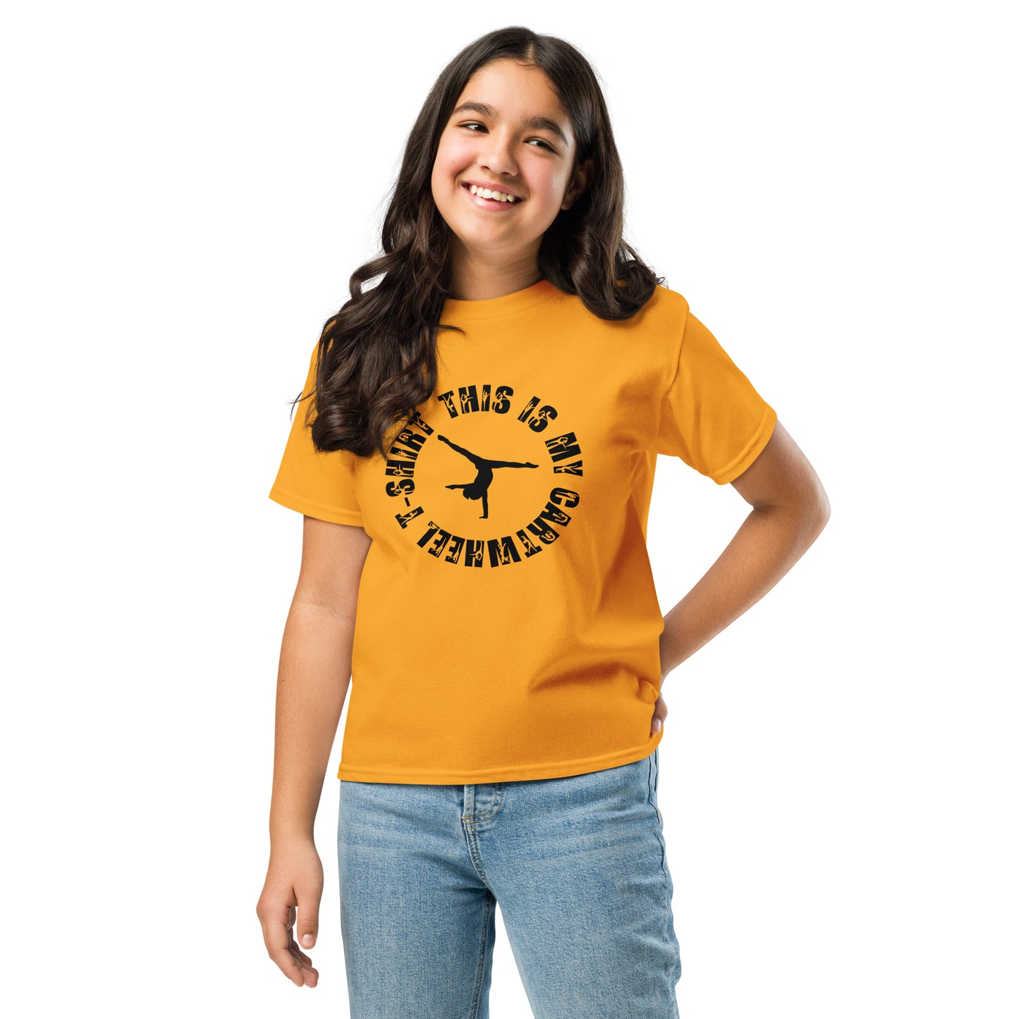 Kids gymnastics T-shirt in orange with black gymnast silhouette graphic