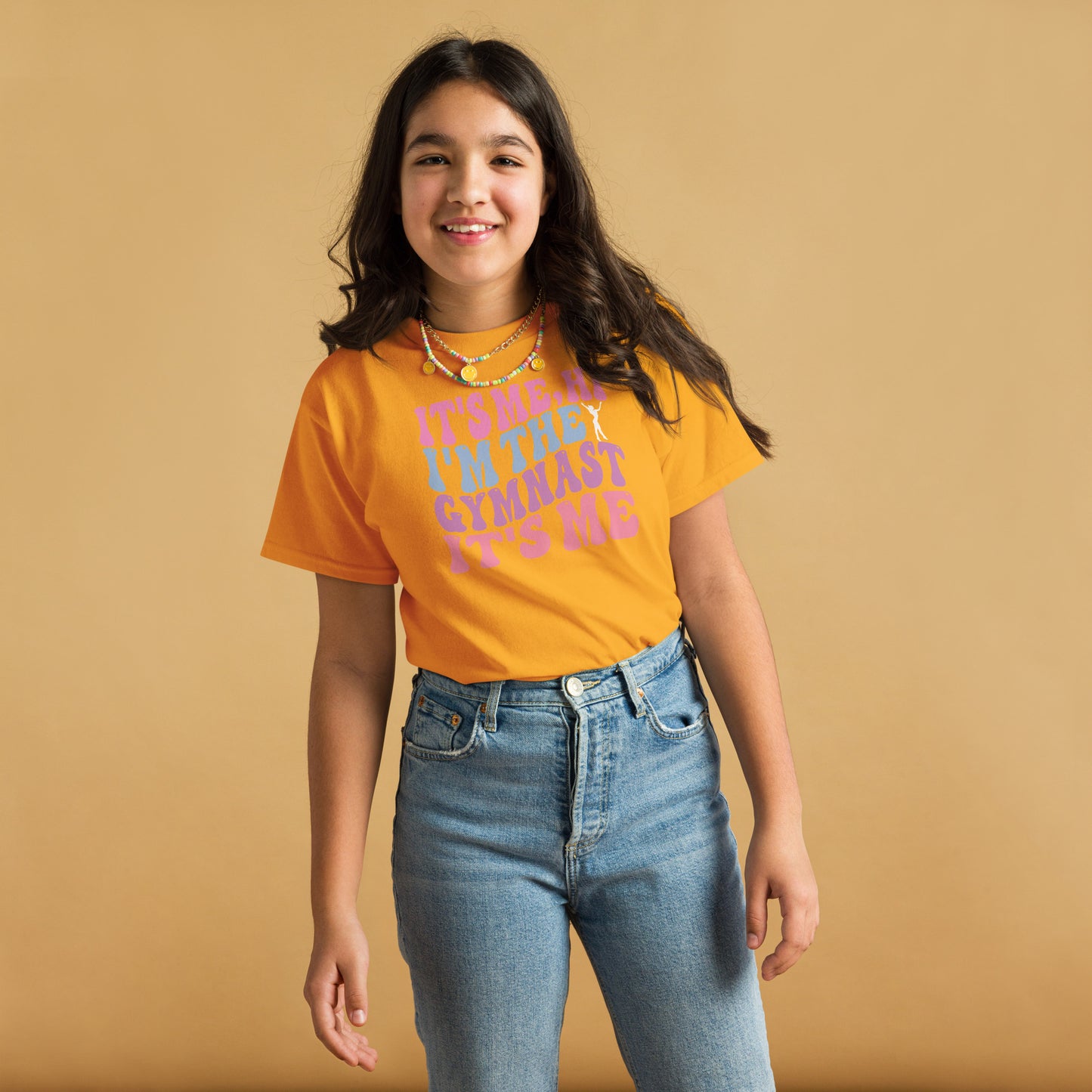 Kids gymnast T-shirt, orange, "IT'S ME I'M THE GYMNAST" graphic