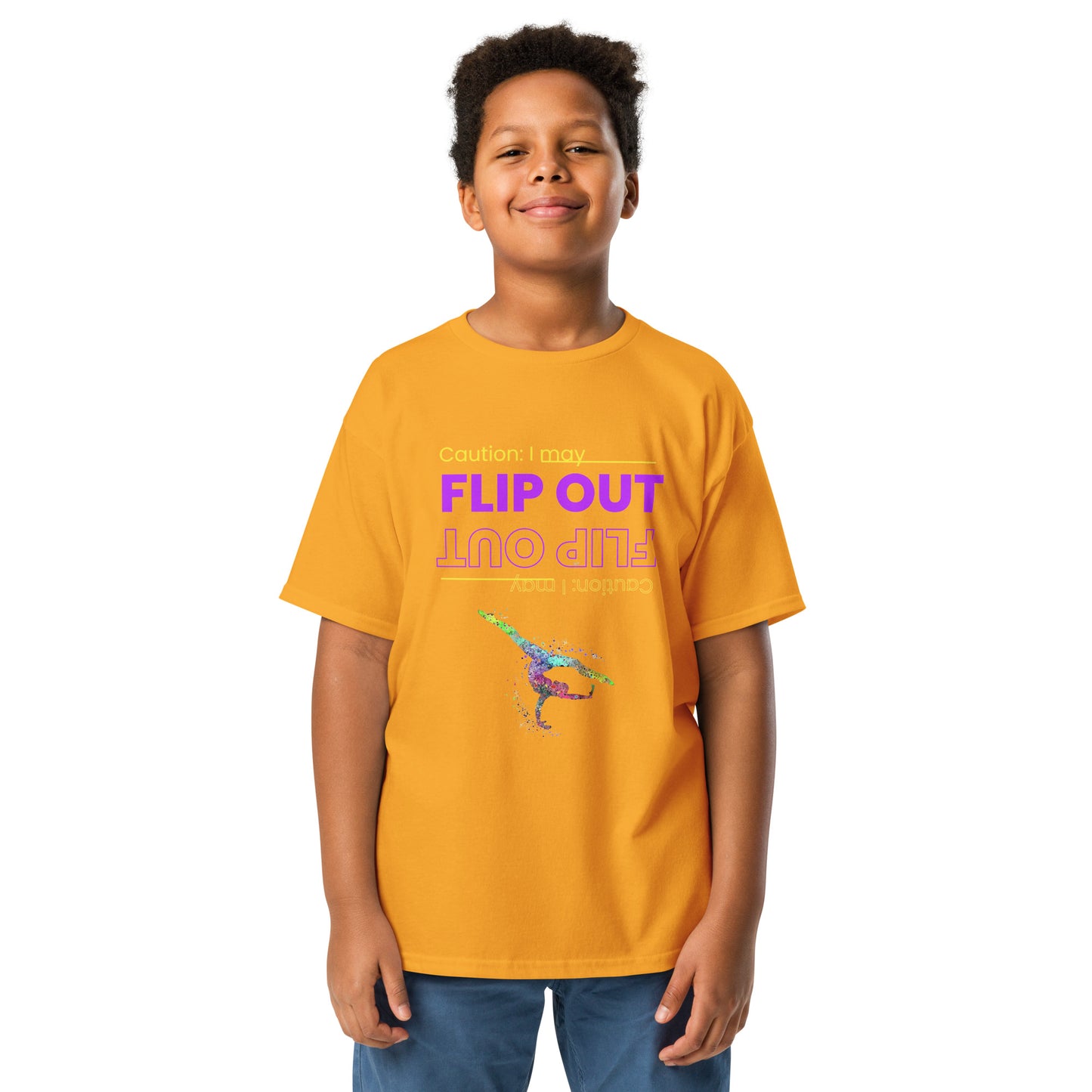 Kids gymnastics T-shirt, gold, 'FLIP OUT' neon graphic with gymnast silhouette