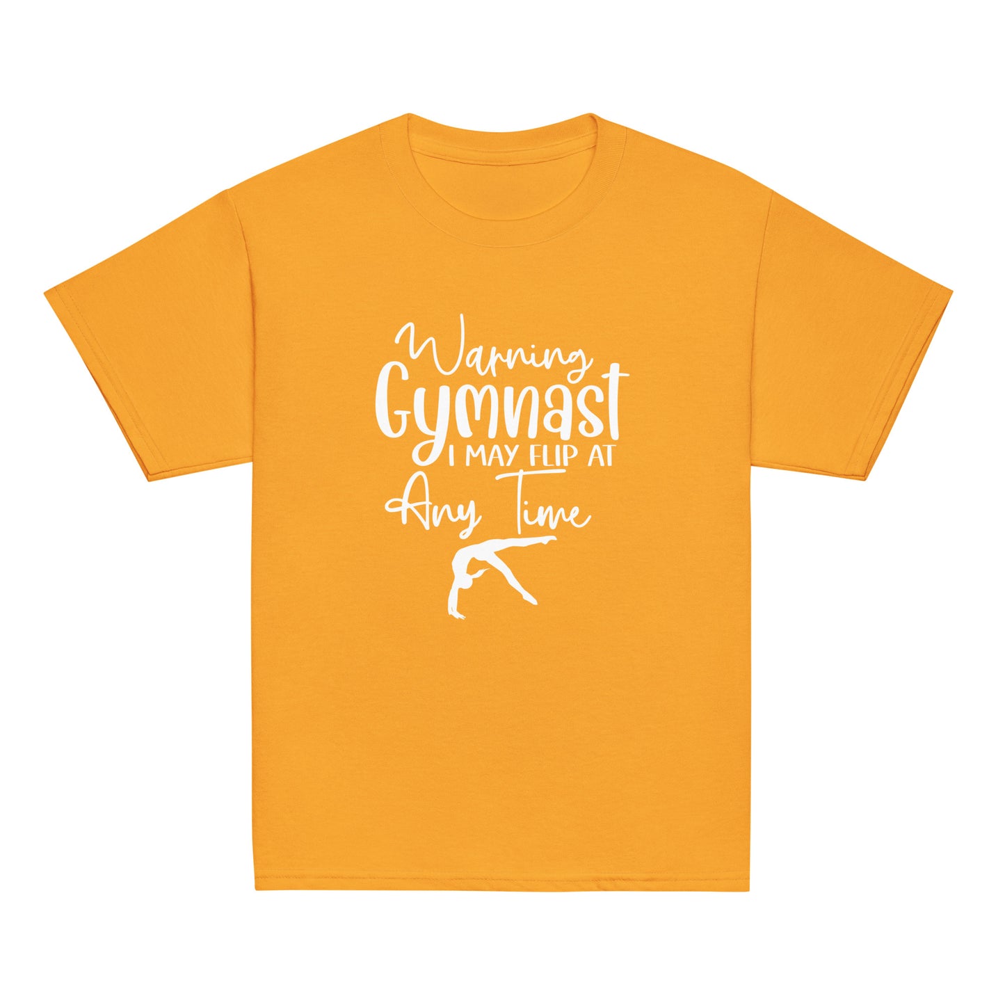 Kids gymnastics t-shirt in orange with white 'Warning Gymnast...' and flip silhouette