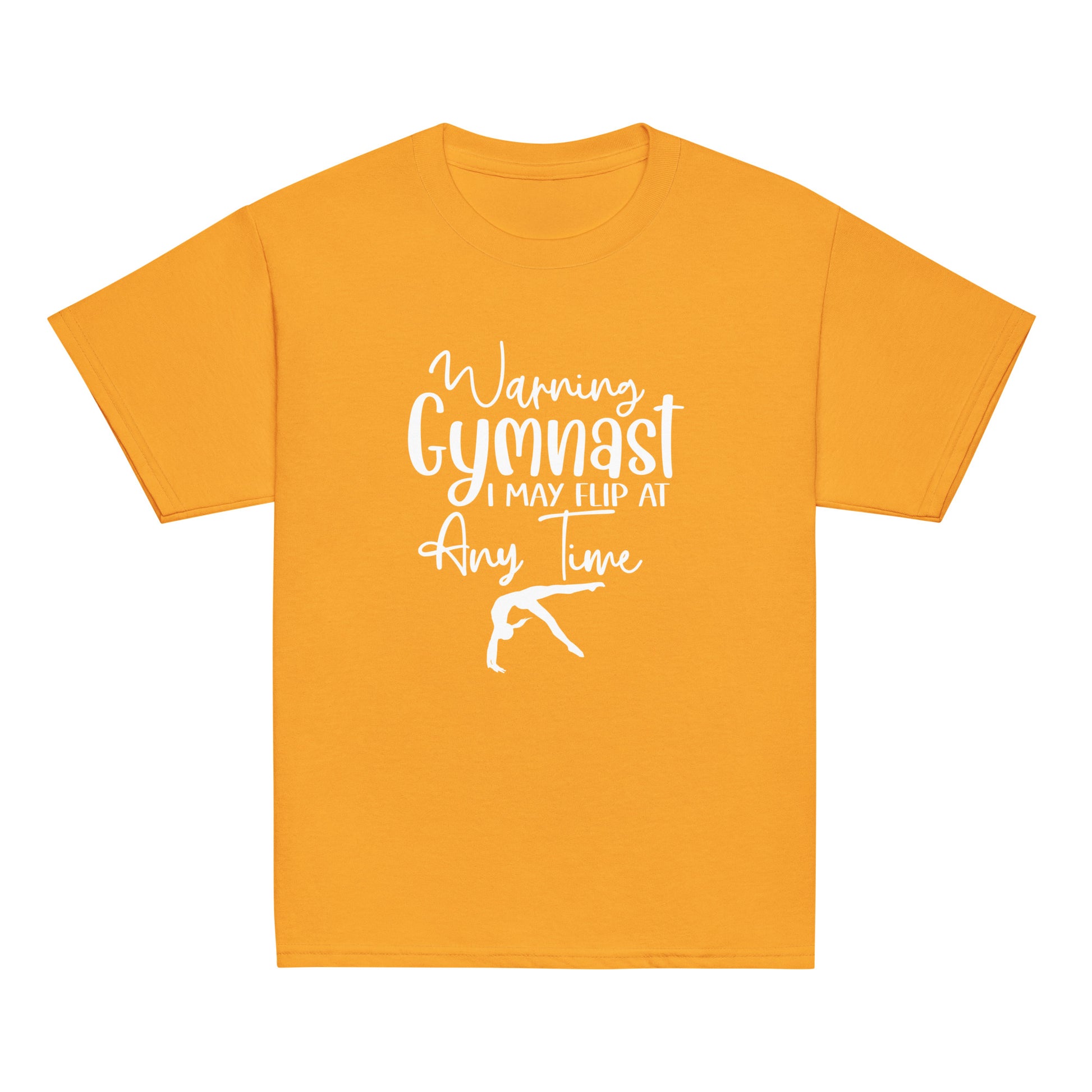Kids gymnastics t-shirt in orange with white 'Warning Gymnast...' and flip silhouette