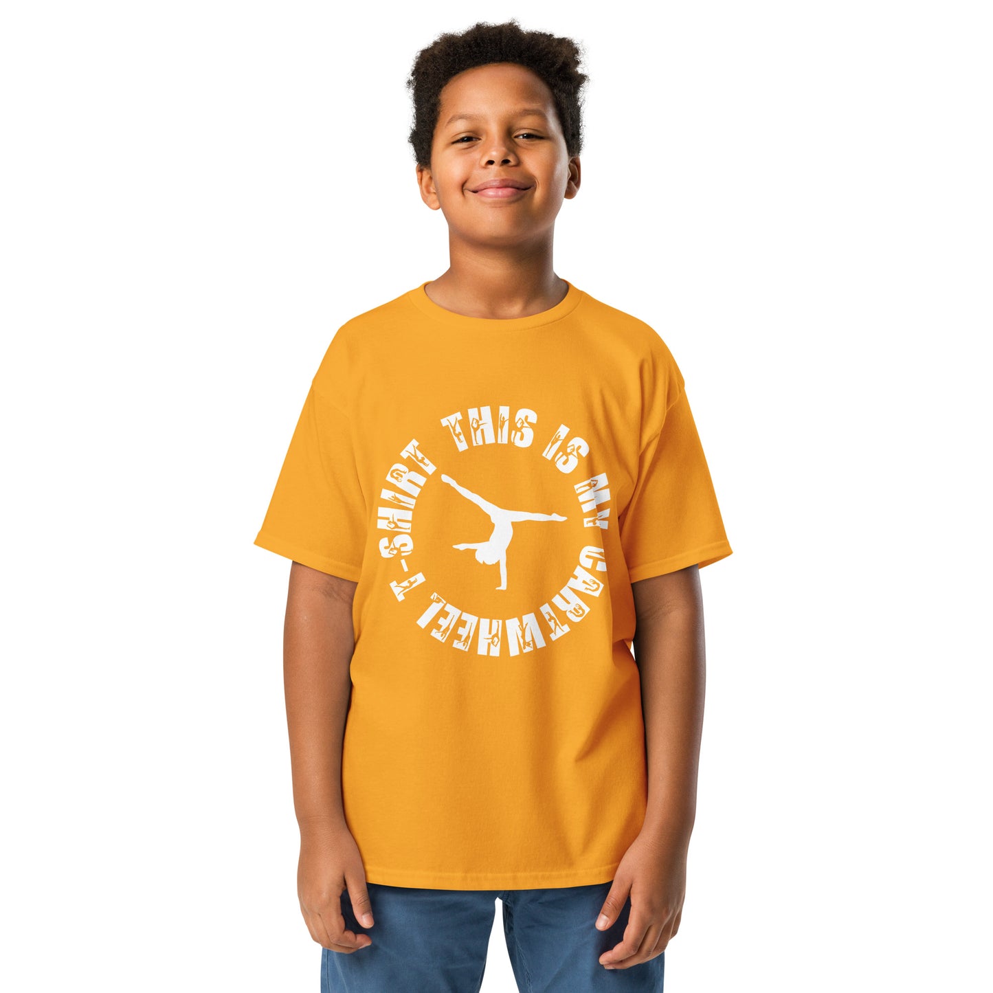 Kids gymnastics T-shirt, gold/orange with white cartwheel graphic