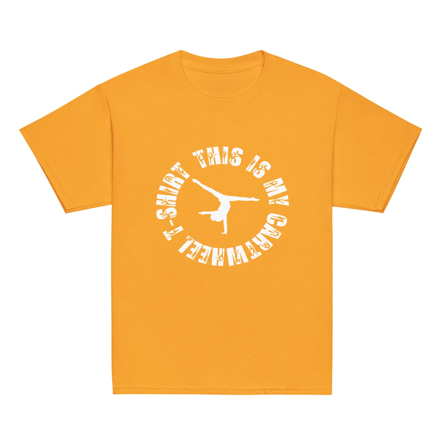 Kids gymnastics T-shirt, orange with white circular gymnast graphic on front