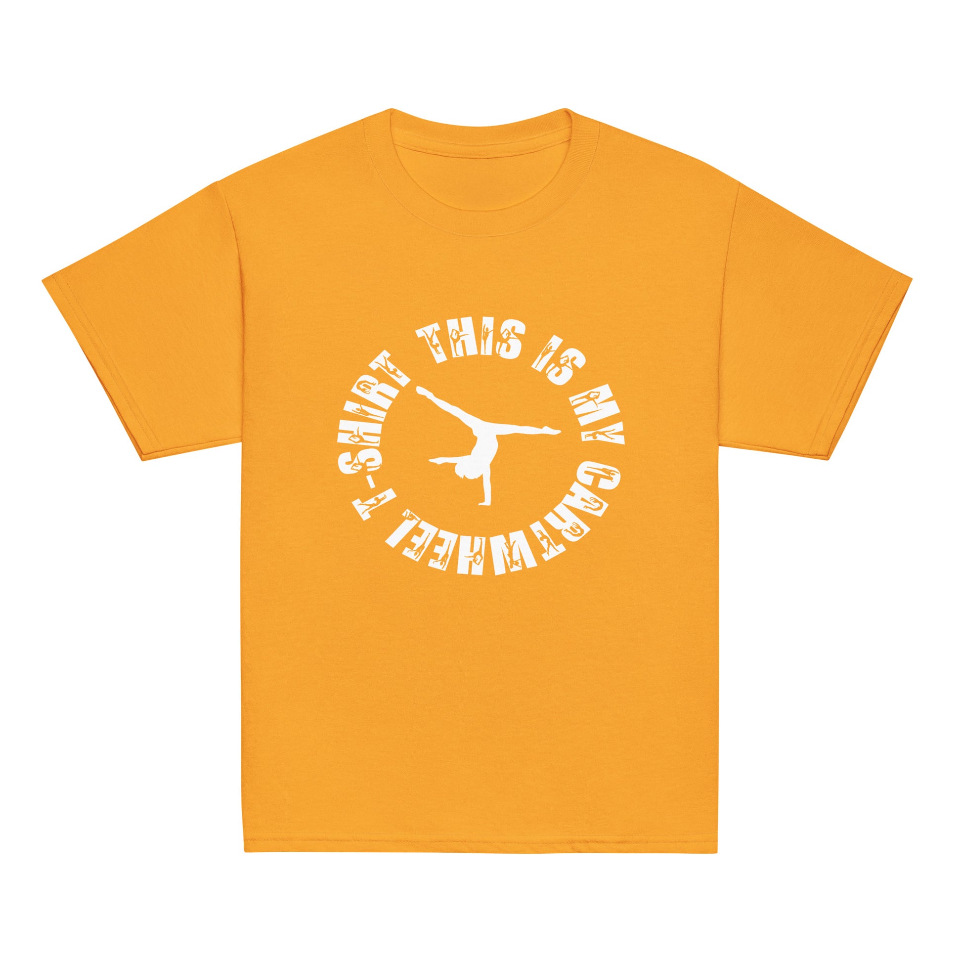 Kids gymnastics T-shirt, orange with white circular gymnast graphic on front