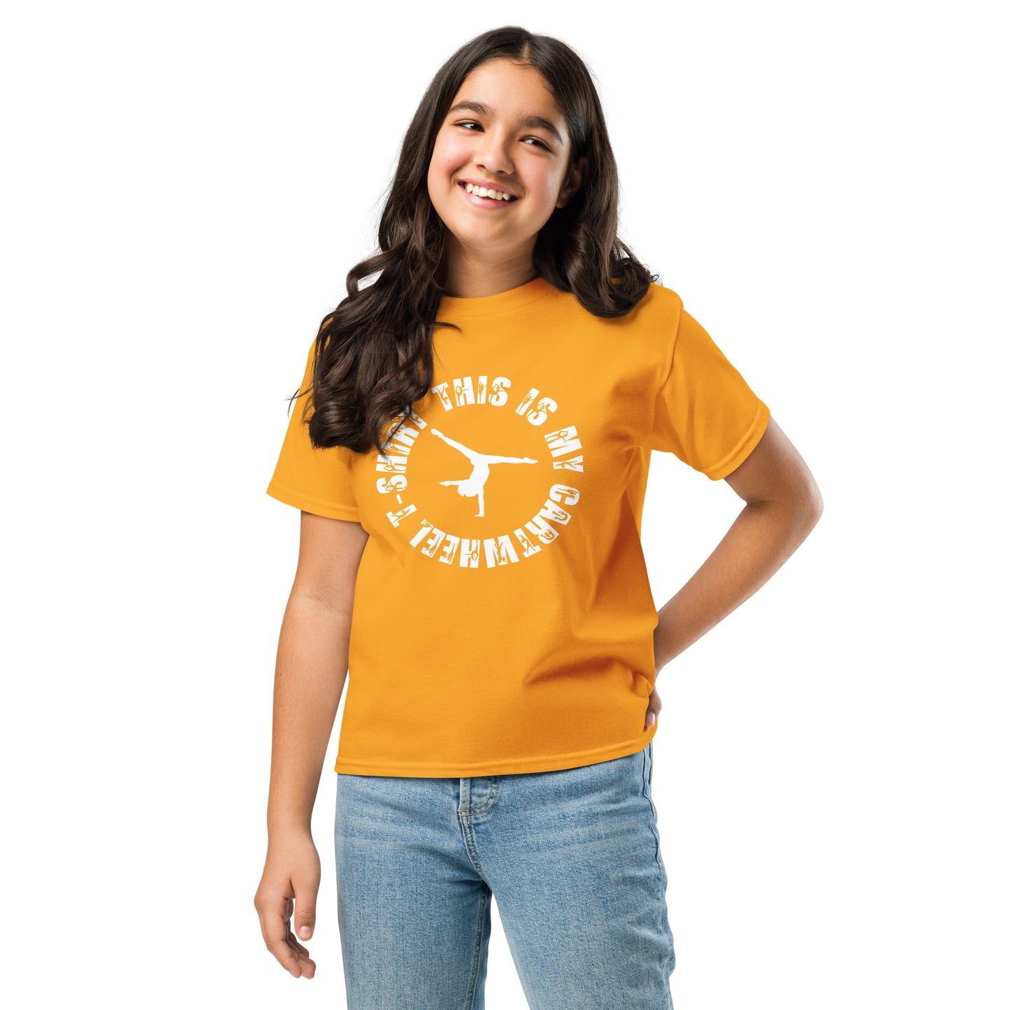 Kids gymnastics T-shirt, orange with white circular cartwheel graphic