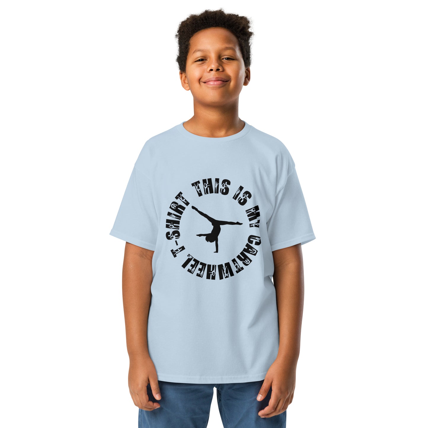 Kids gymnastics T-shirt in light blue with black gymnast silhouette graphic