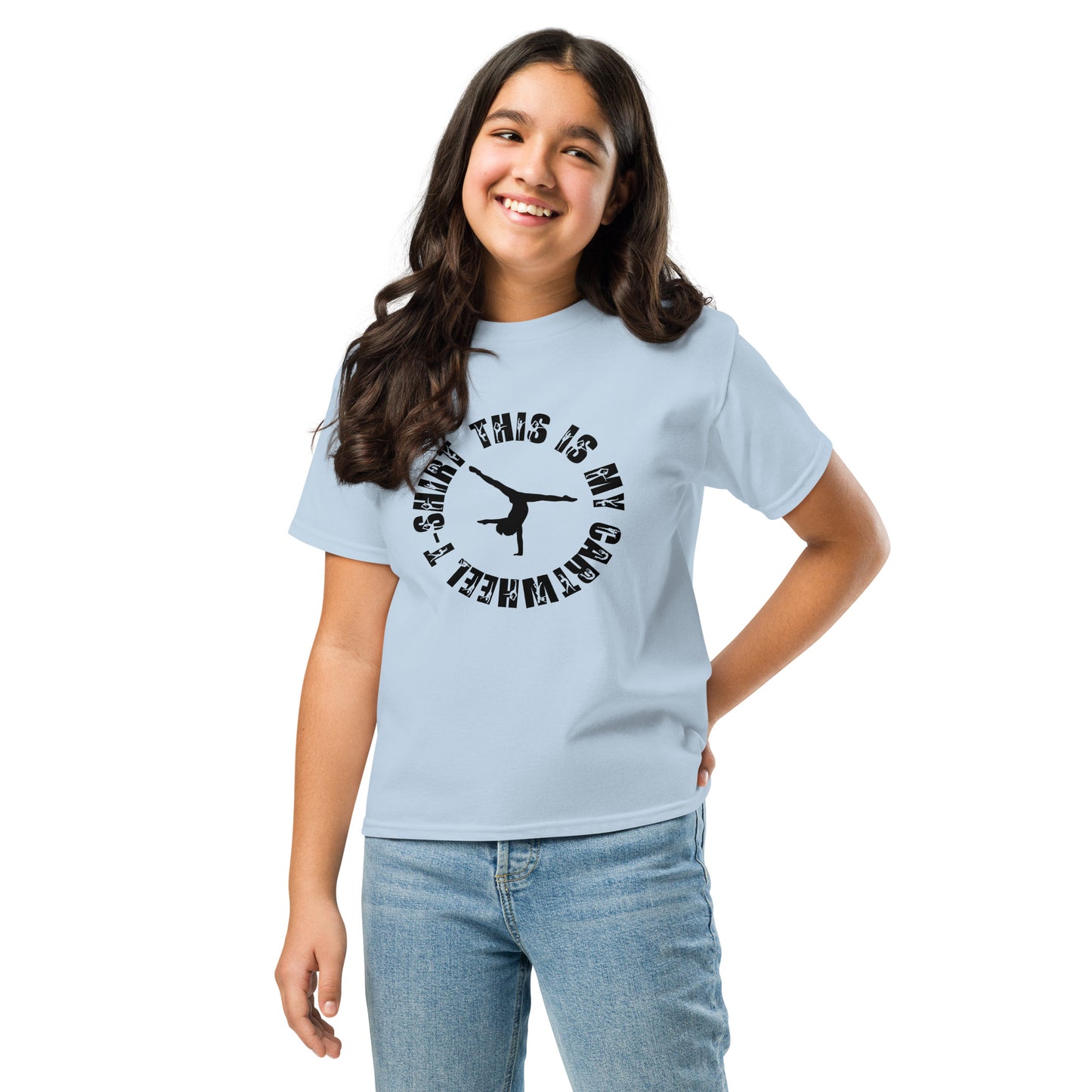 Kids gymnastics T-shirt in light blue with black gymnast silhouette graphic