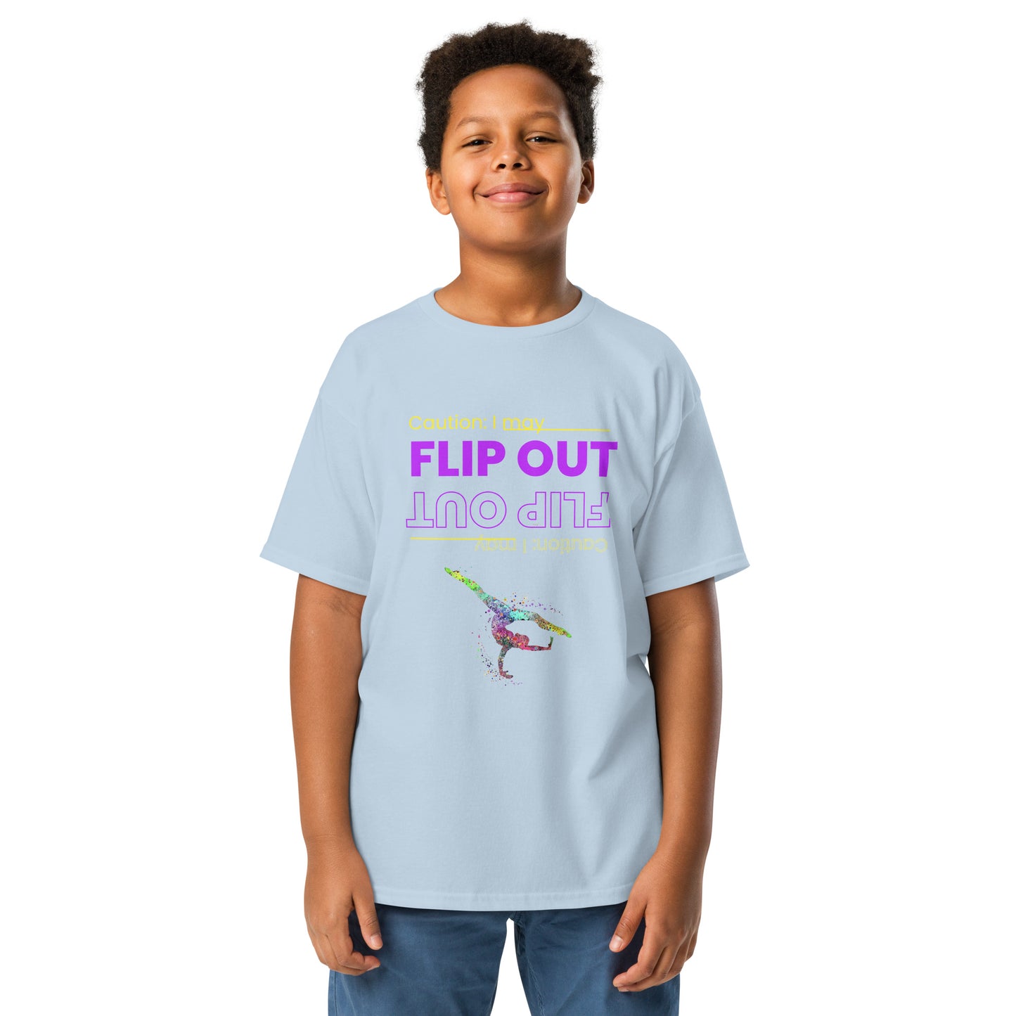 Kids gymnastics T-shirt, light blue, 'FLIP OUT' neon graphic with gymnast silhouette